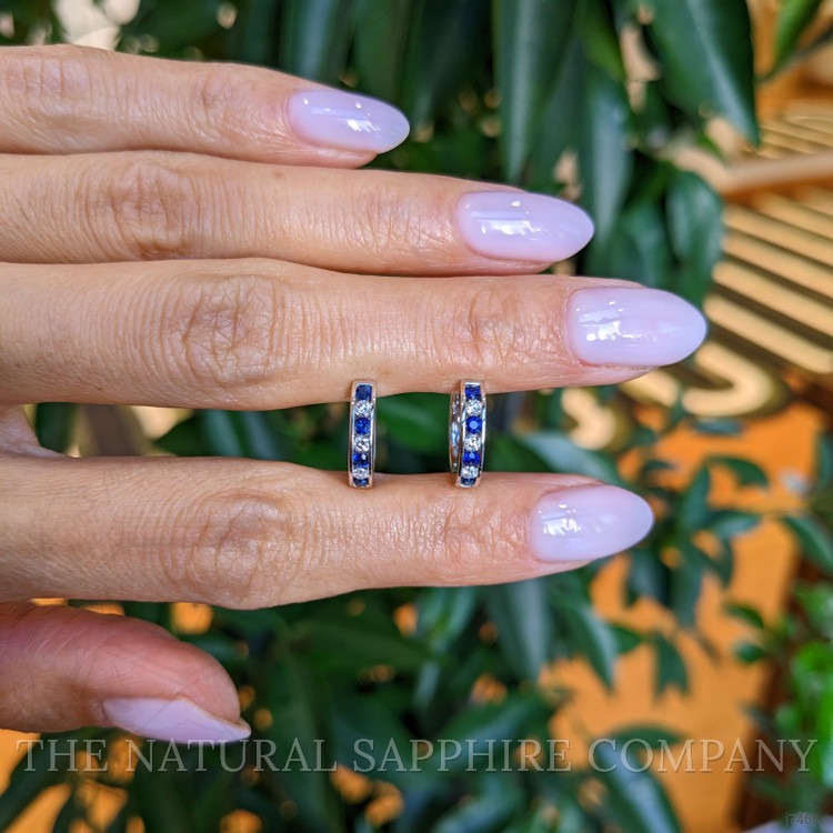 0.34 Ct.Tw. Blue Sapphire and Natural Diamond Hoops Earrings, 14K White Gold