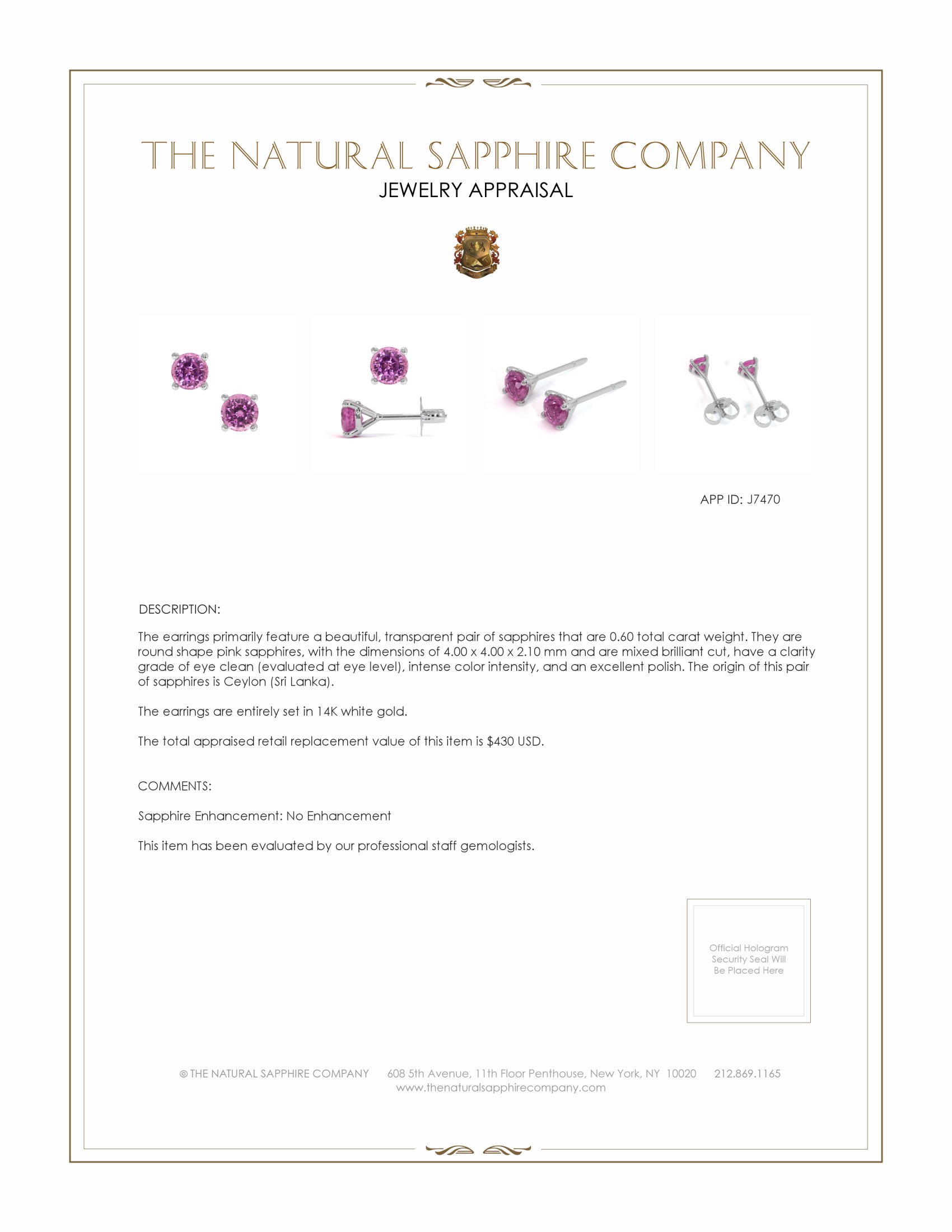 0.60 Ct.Tw. Pink Sapphire Studs Earrings, 14K White Gold