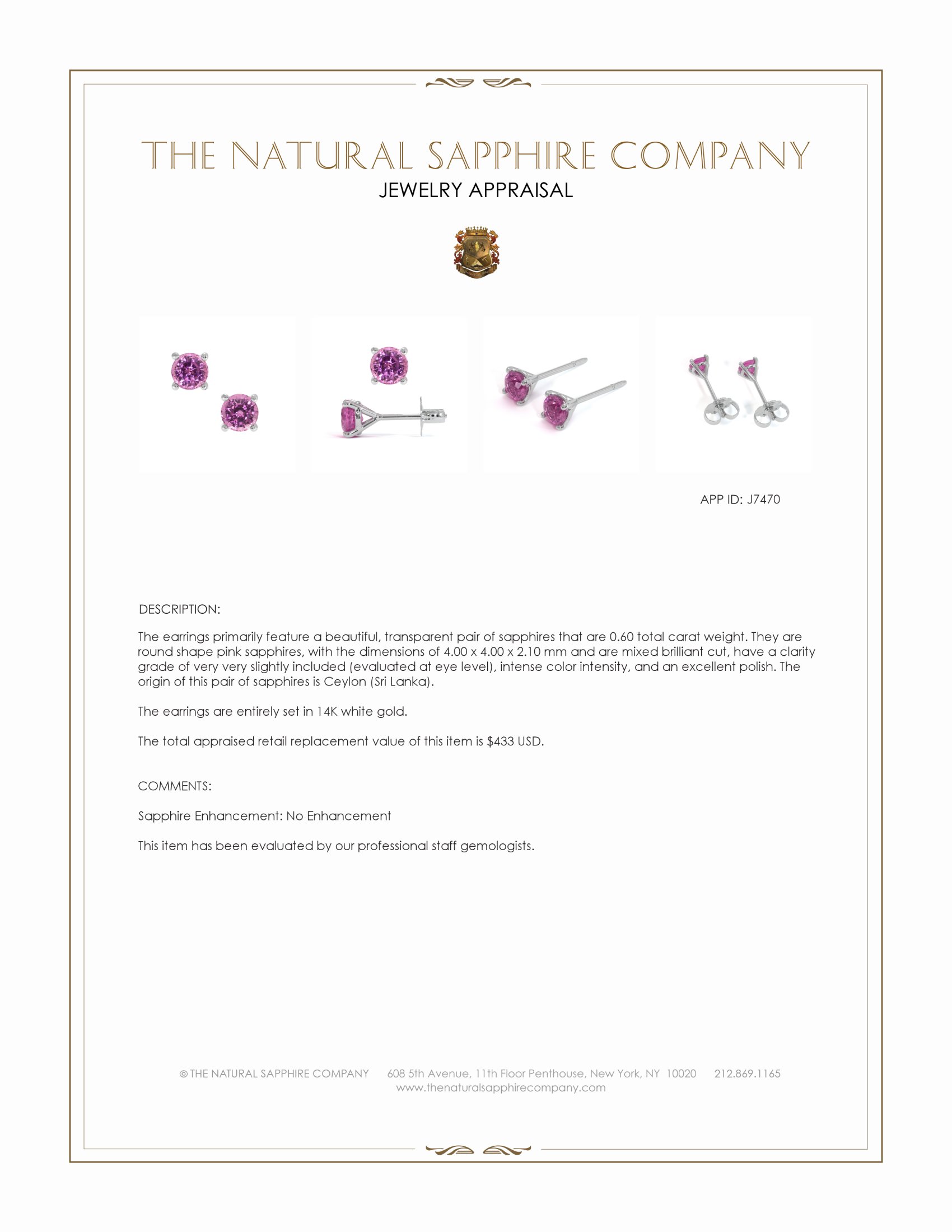 0.60 Ct.Tw. Pink Sapphire Studs Earrings, 14K White Gold