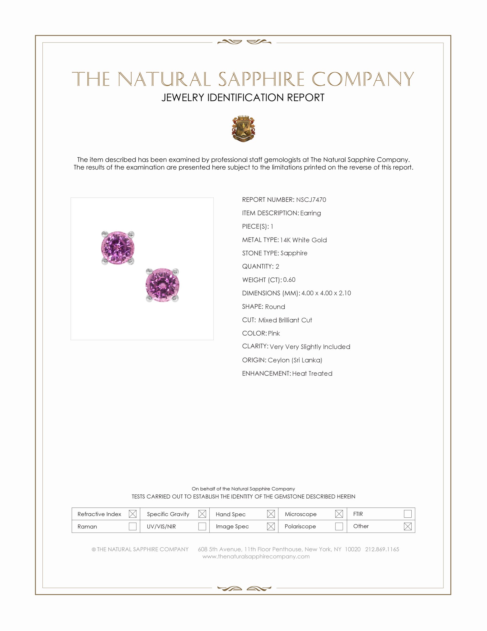 0.60 Ct.Tw. Pink Sapphire Studs Earrings, 14K White Gold