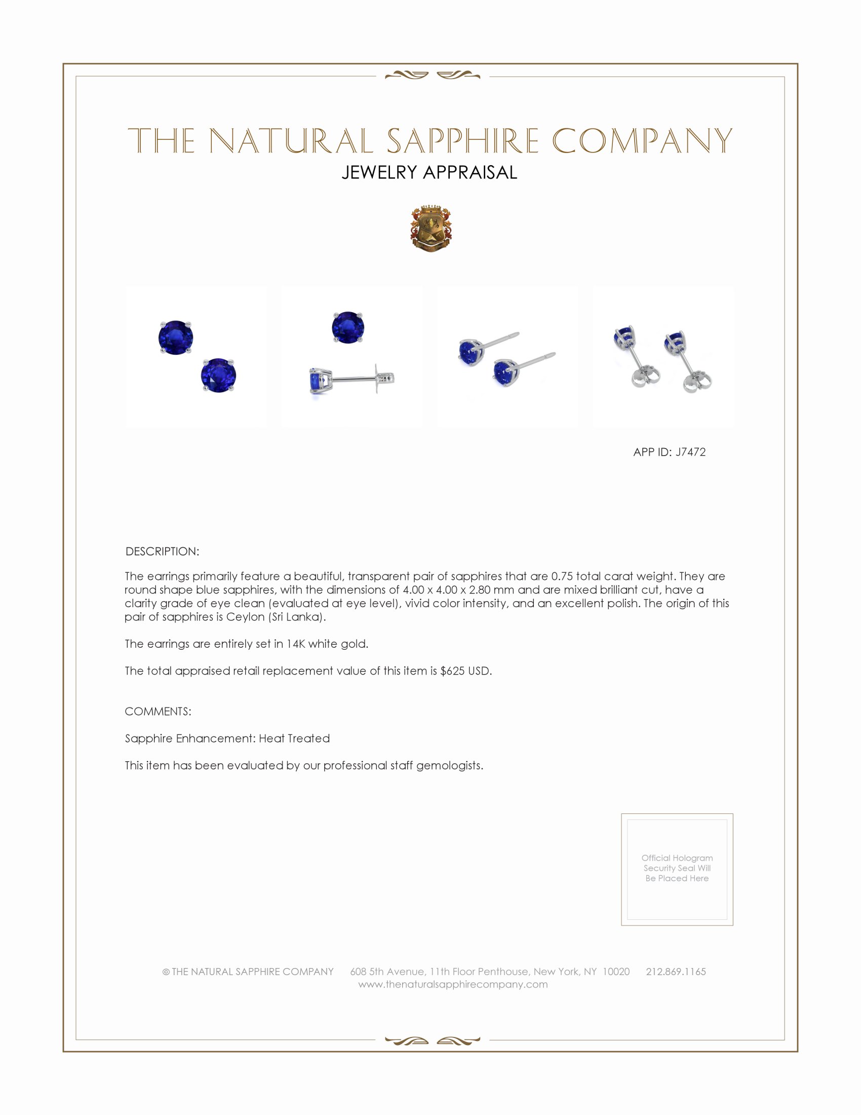 0.71 Ct.Tw. Blue Sapphire Studs Earrings, 14K White Gold