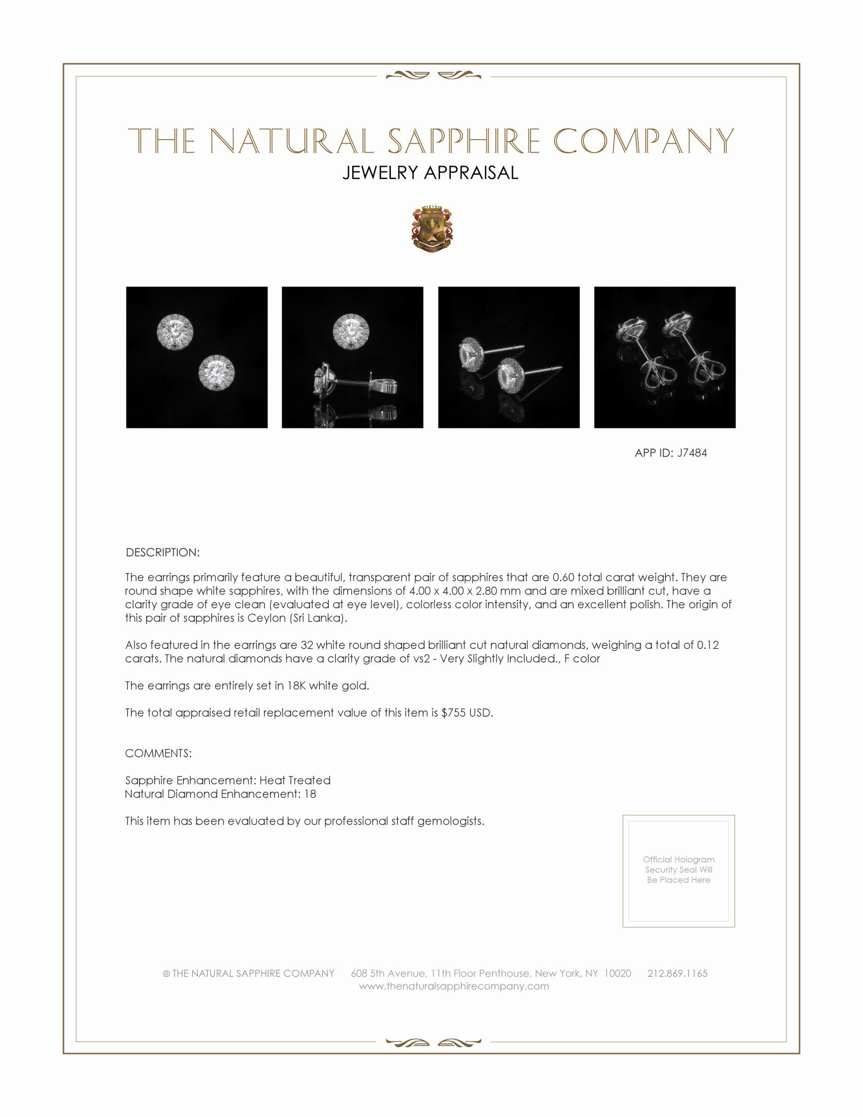 0.60 Ct.Tw. White Sapphire and Natural Diamond Studs Earrings, 18K White Gold