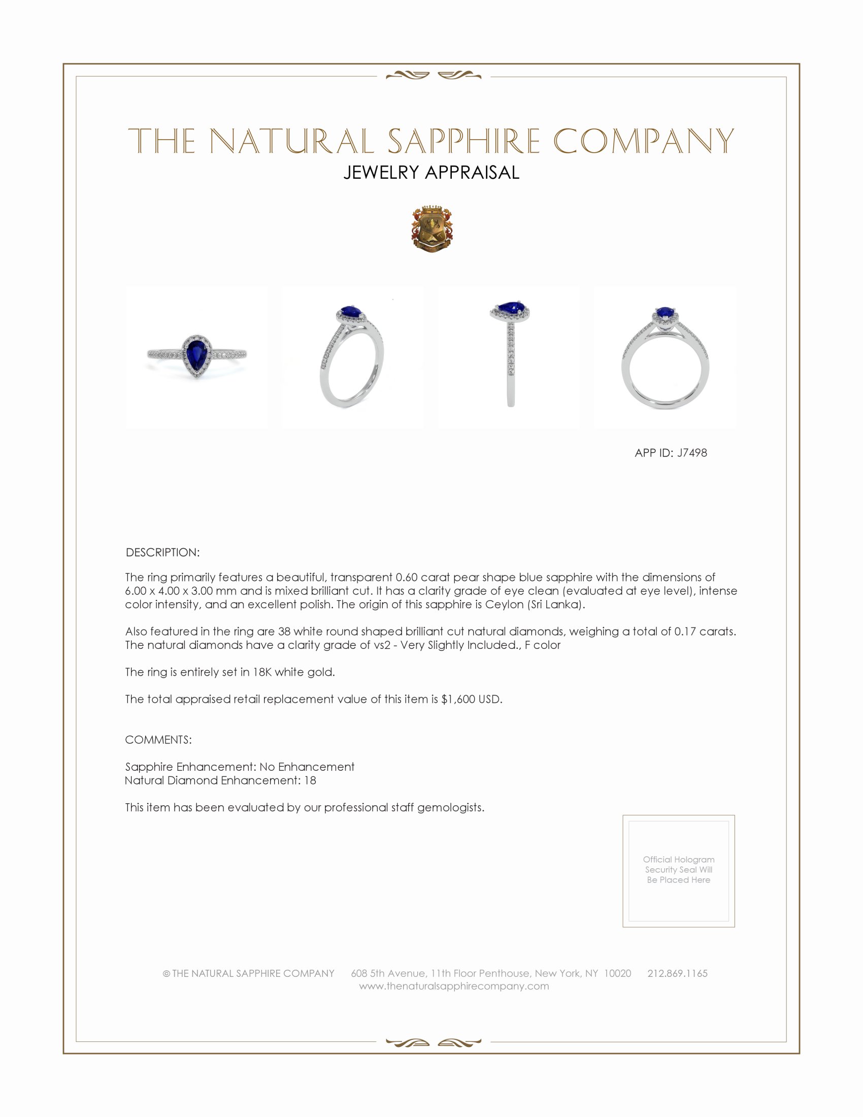 0.60 Ct. Blue Sapphire and Natural Diamond Pave Ring, 18K White Gold