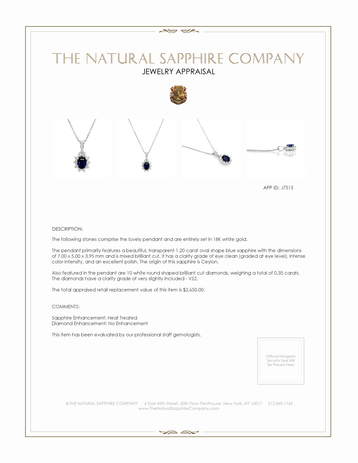 1.20 Ct. Blue Sapphire and Natural Diamond Pendant, 18K White Gold