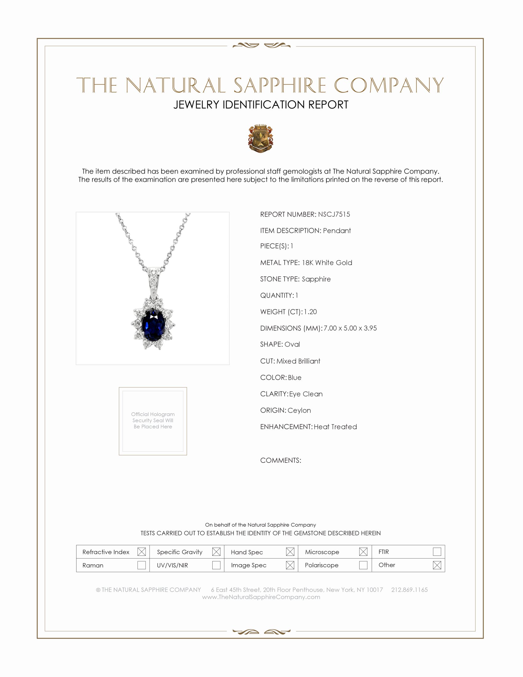 1.20 Ct. Blue Sapphire and Natural Diamond Pendant, 18K White Gold