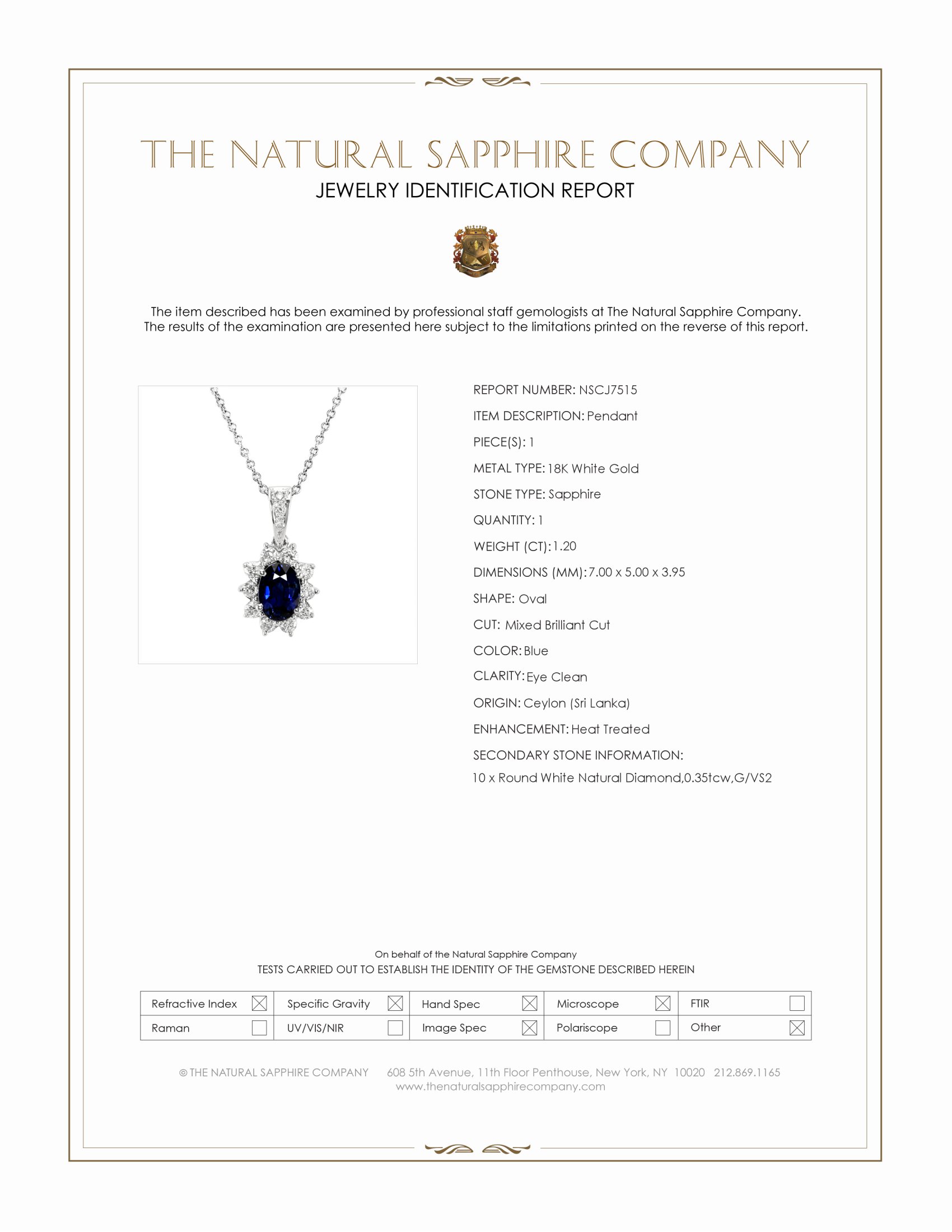 1.20 Ct. Blue Sapphire and Natural Diamond Pendant, 18K White Gold