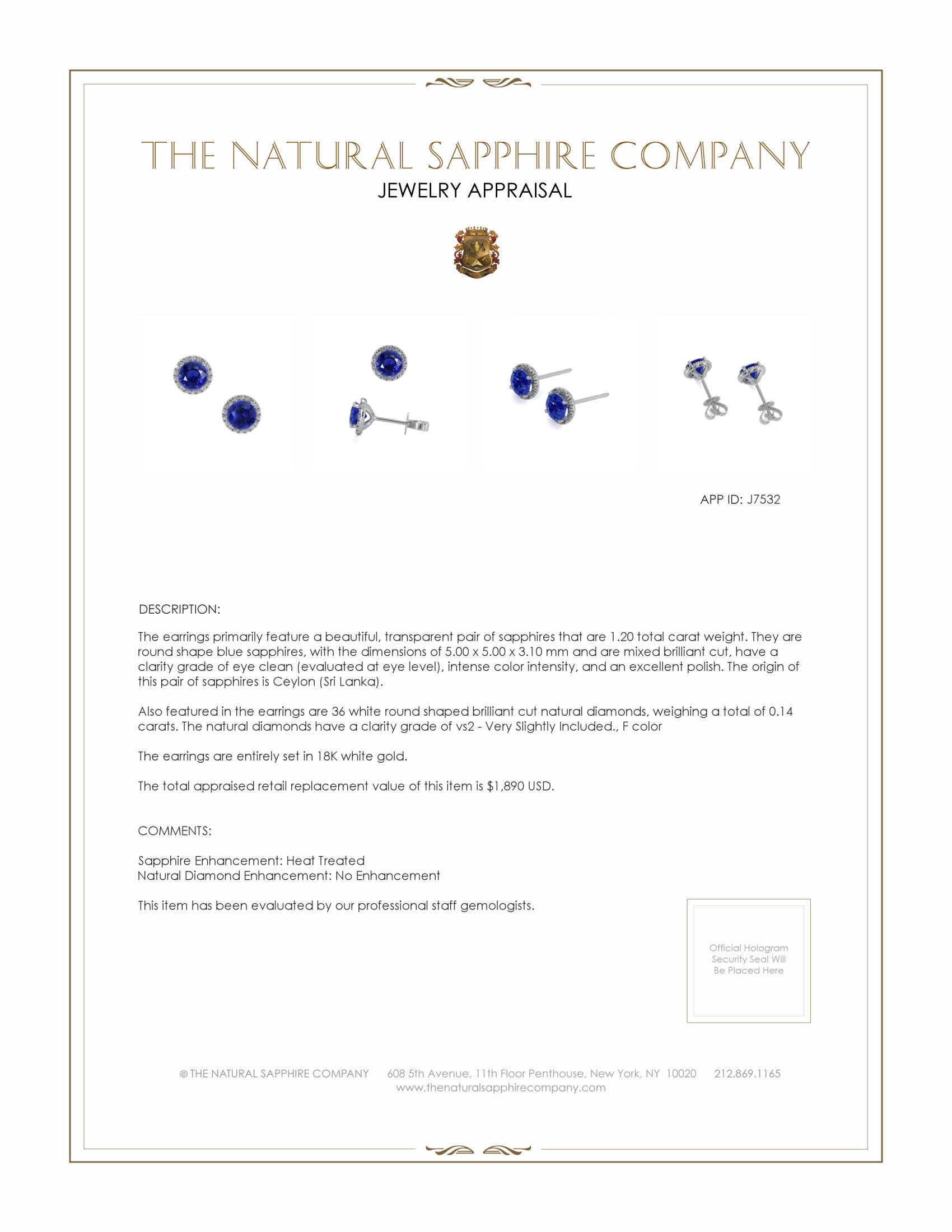 1.20 Ct.Tw. Blue Sapphire and Natural Diamond Studs Earrings, 18K White Gold