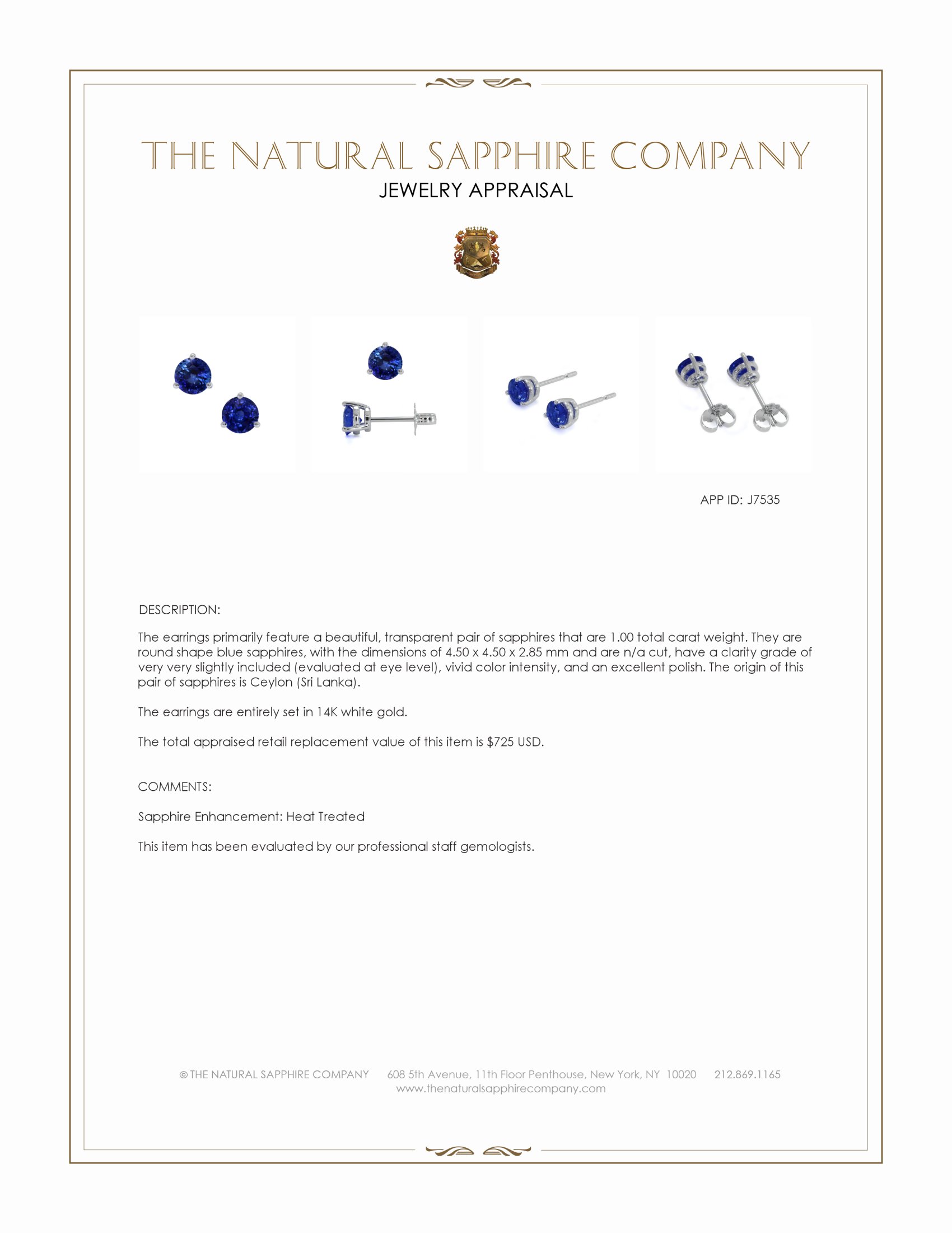 1.00 Ct.Tw. Blue Sapphire Studs Earrings, 14K White Gold