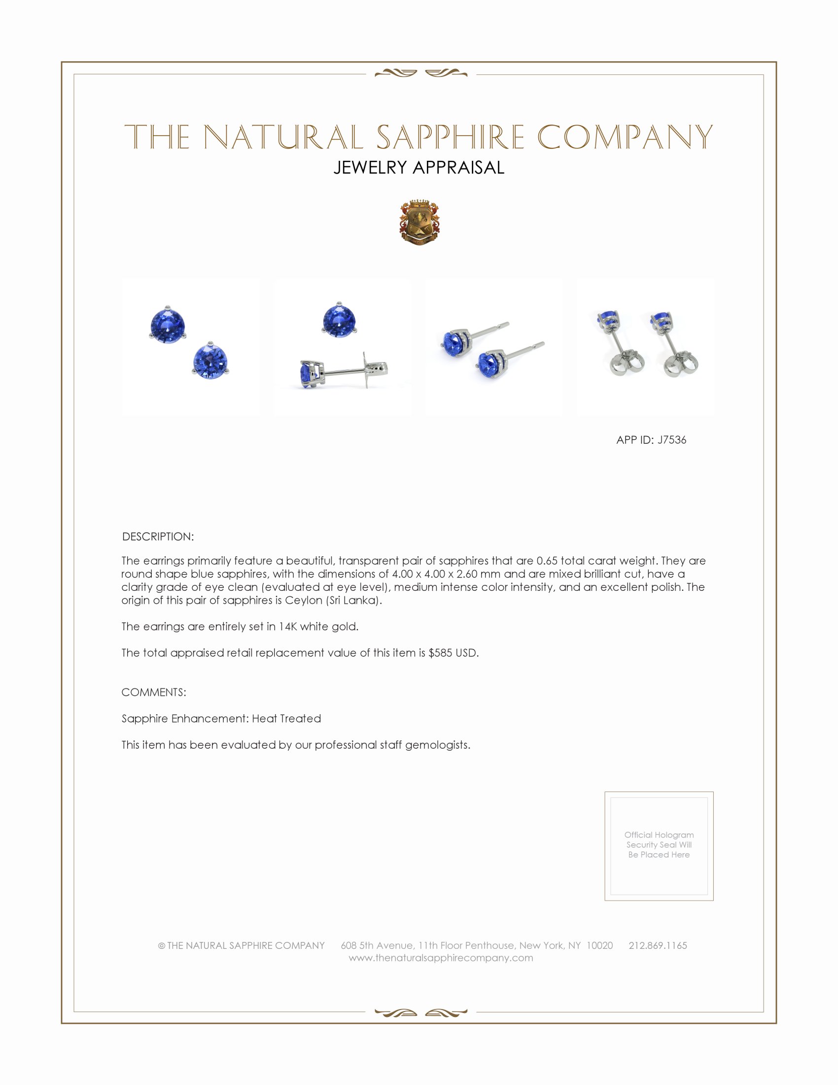 0.65 Ct.Tw. Blue Sapphire Studs Earrings, 14K White Gold