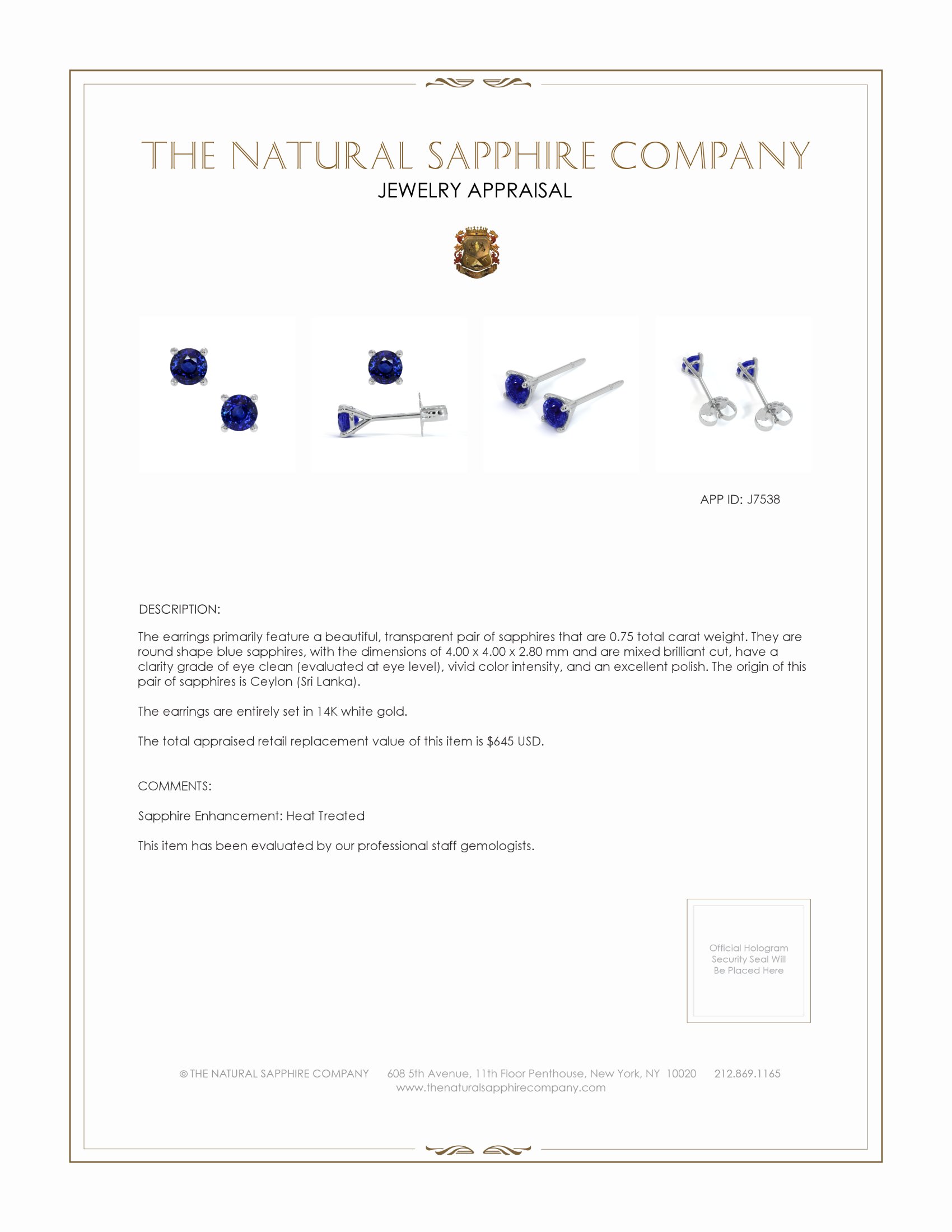 0.75 Ct.Tw. Blue Sapphire Studs Earrings, 14K White Gold