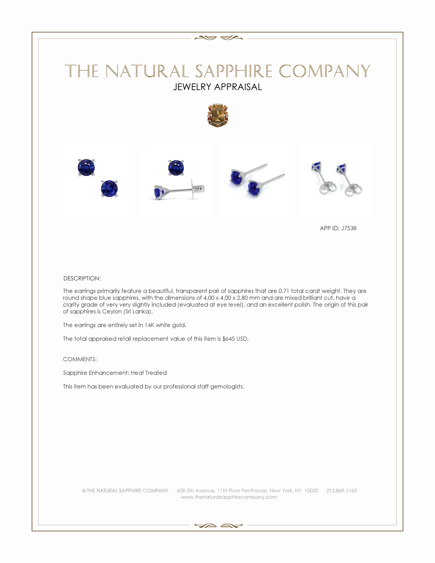 0.71 Ct.Tw. Blue Sapphire Studs Earrings, 14K White Gold