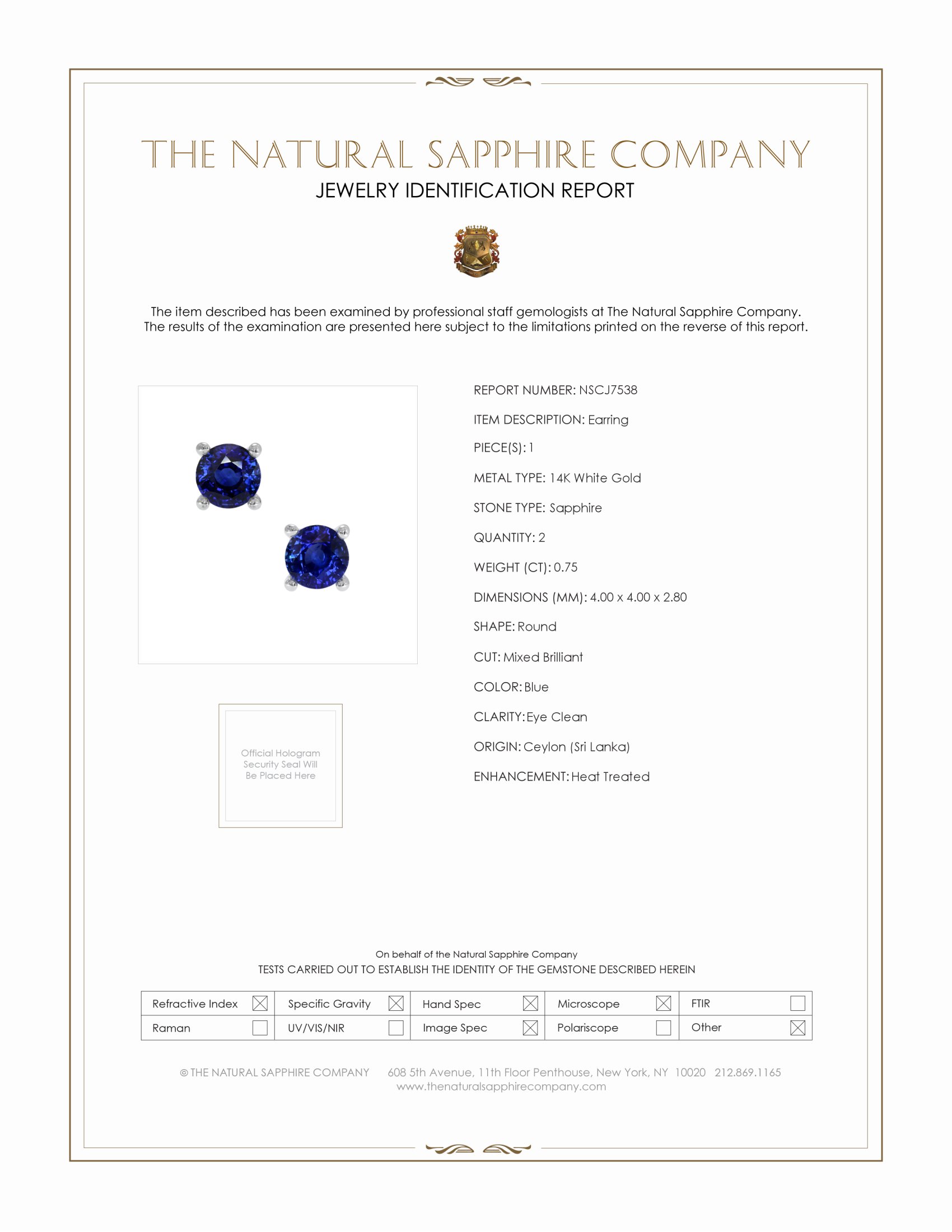 0.75 Ct.Tw. Blue Sapphire Studs Earrings, 14K White Gold