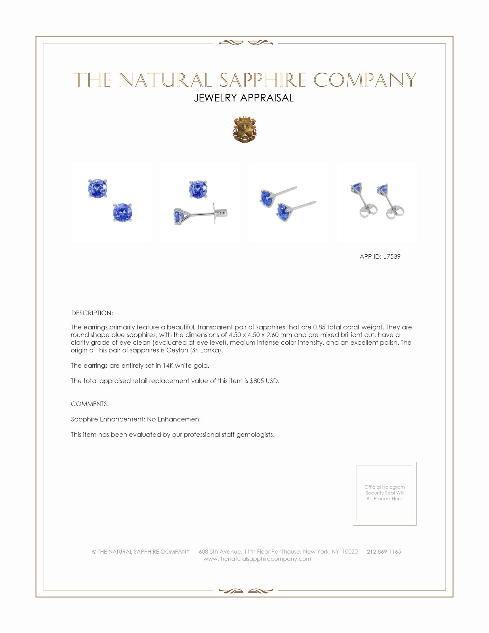 0.85 Ct.Tw. Blue Sapphire Studs Earrings, 14K White Gold