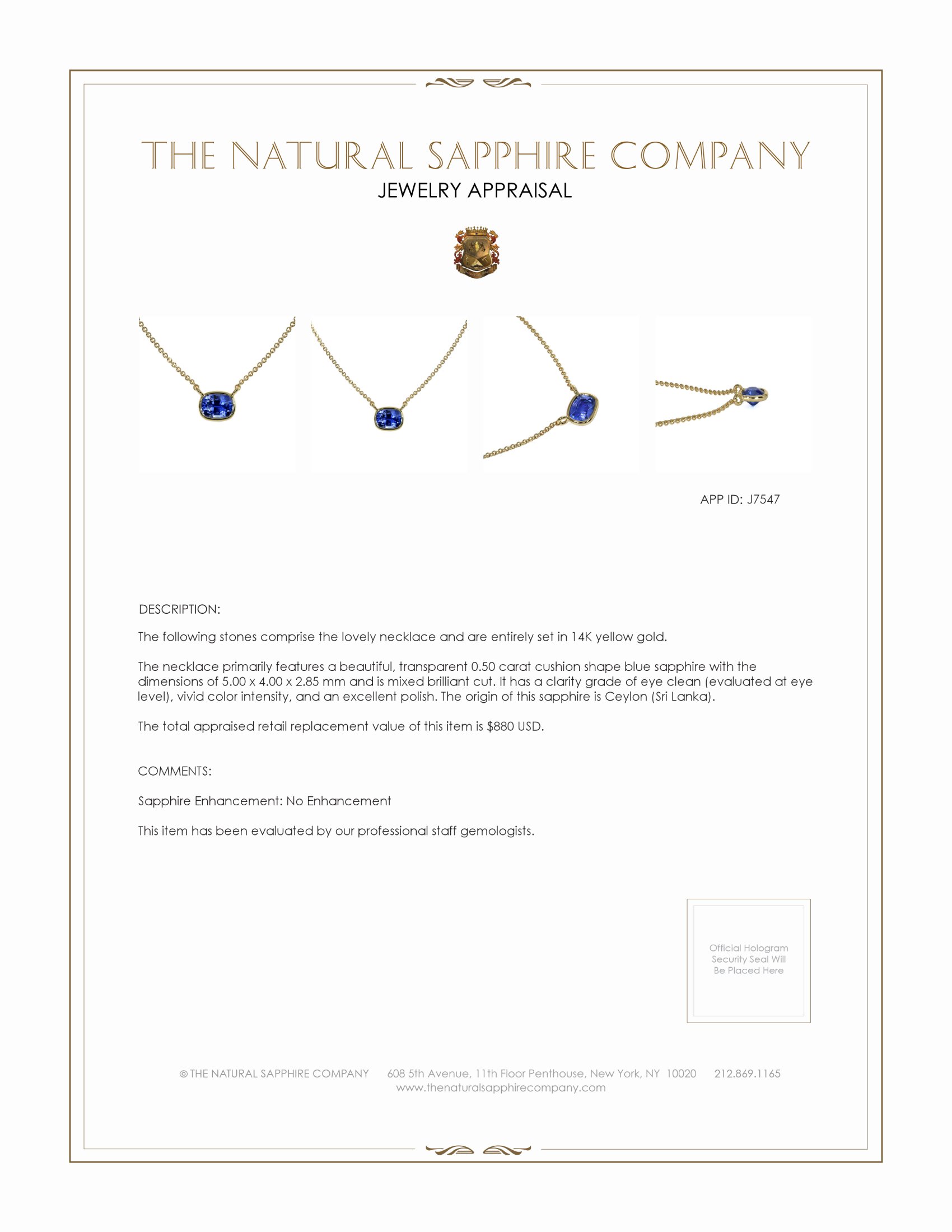 0.50 Ct. Blue Sapphire Solitaire Necklace, 14K Yellow Gold