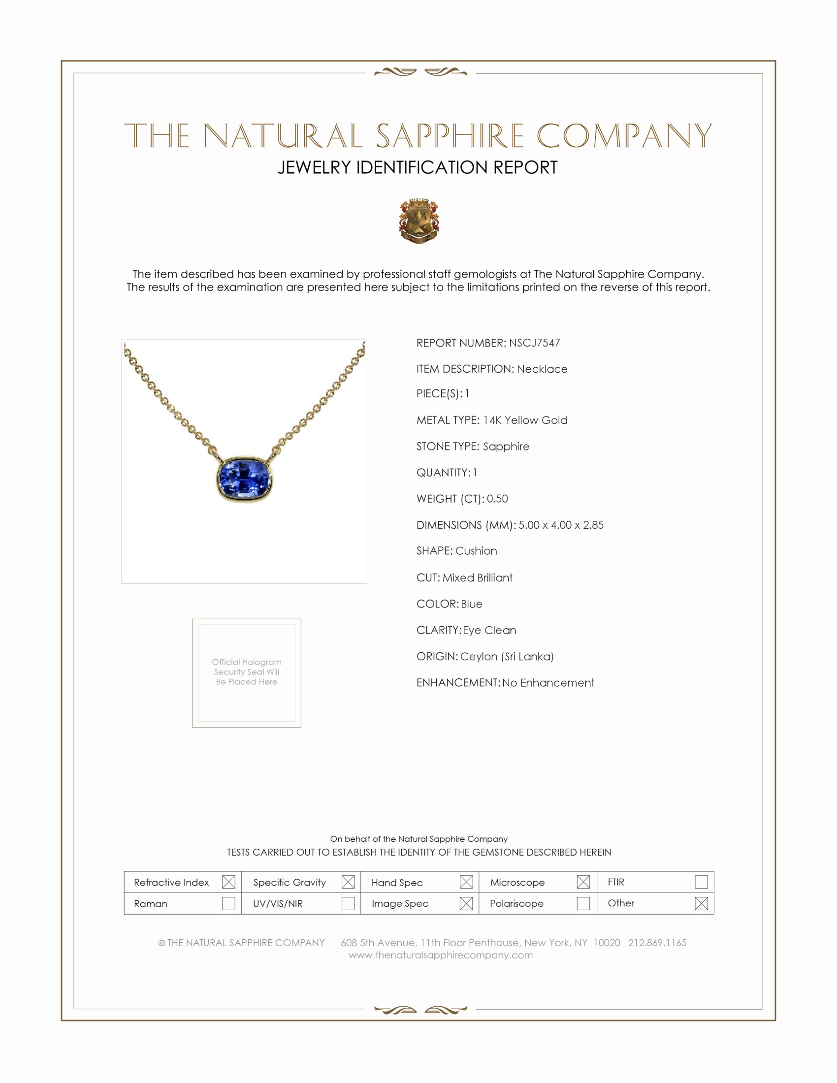 0.50 Ct. Blue Sapphire Solitaire Necklace, 14K Yellow Gold