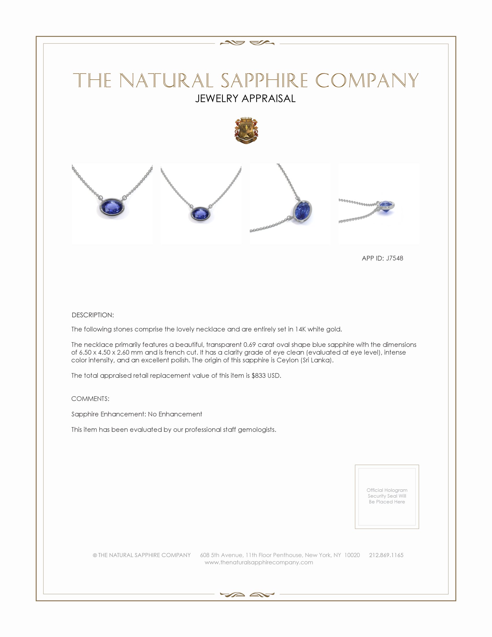 0.69 Ct. Blue Sapphire Solitaire Necklace, 14K White Gold