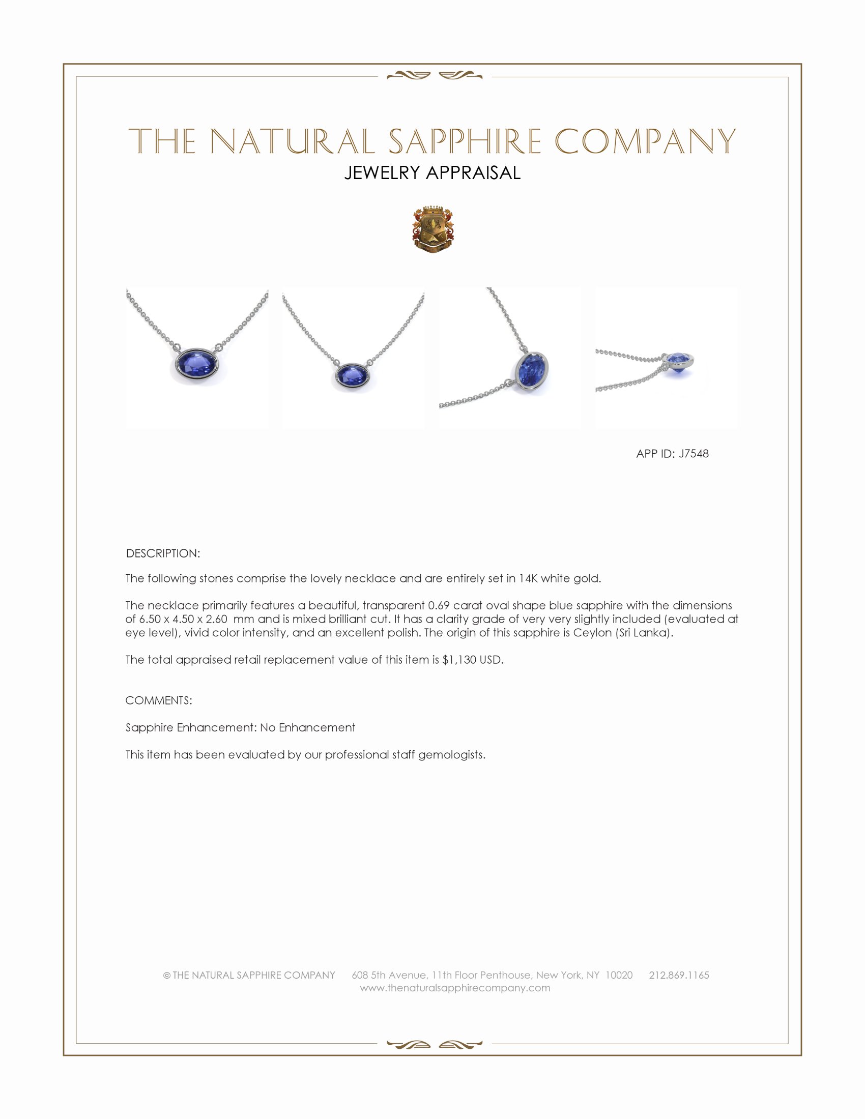 0.69 Ct. Blue Sapphire Solitaire Necklace, 14K White Gold