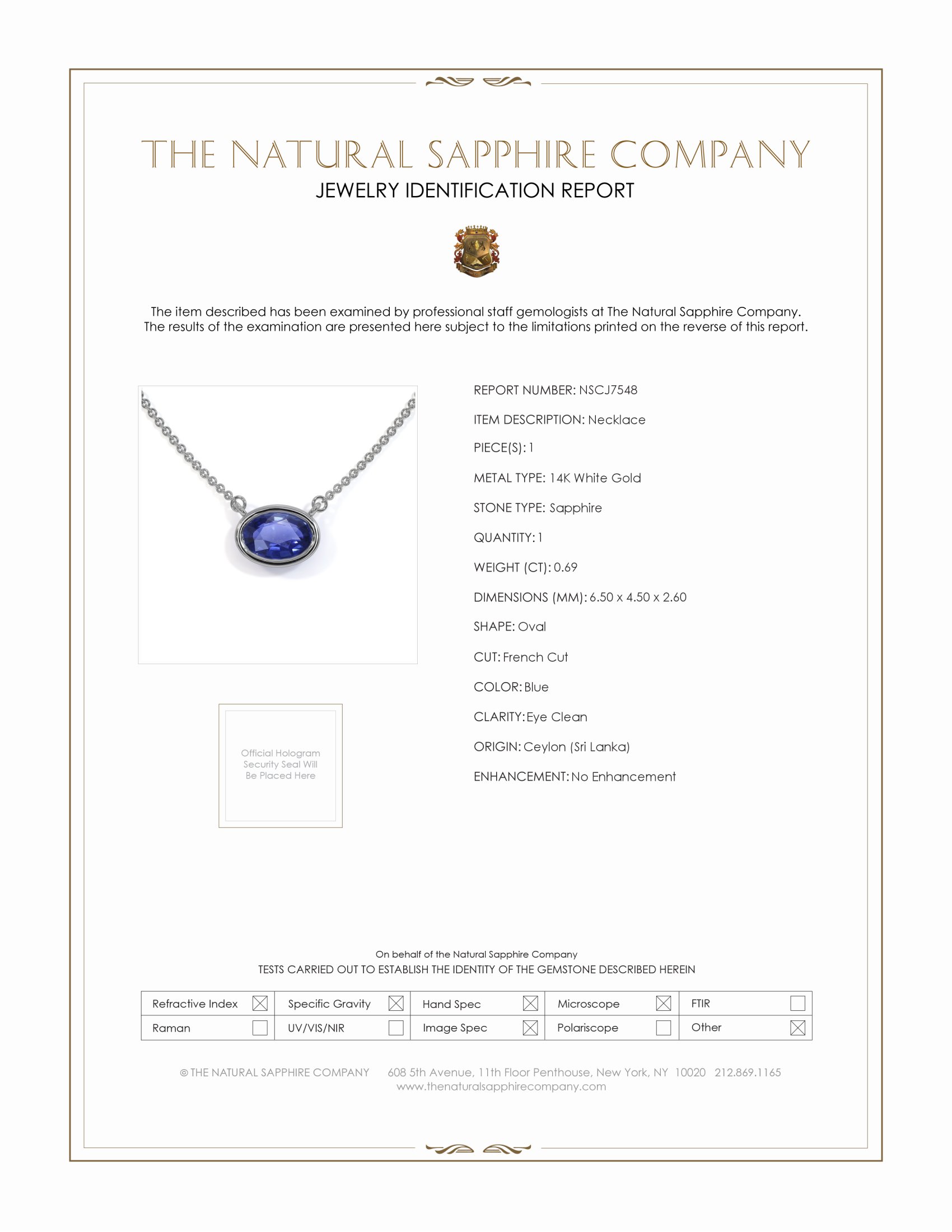 0.69 Ct. Blue Sapphire Solitaire Necklace, 14K White Gold