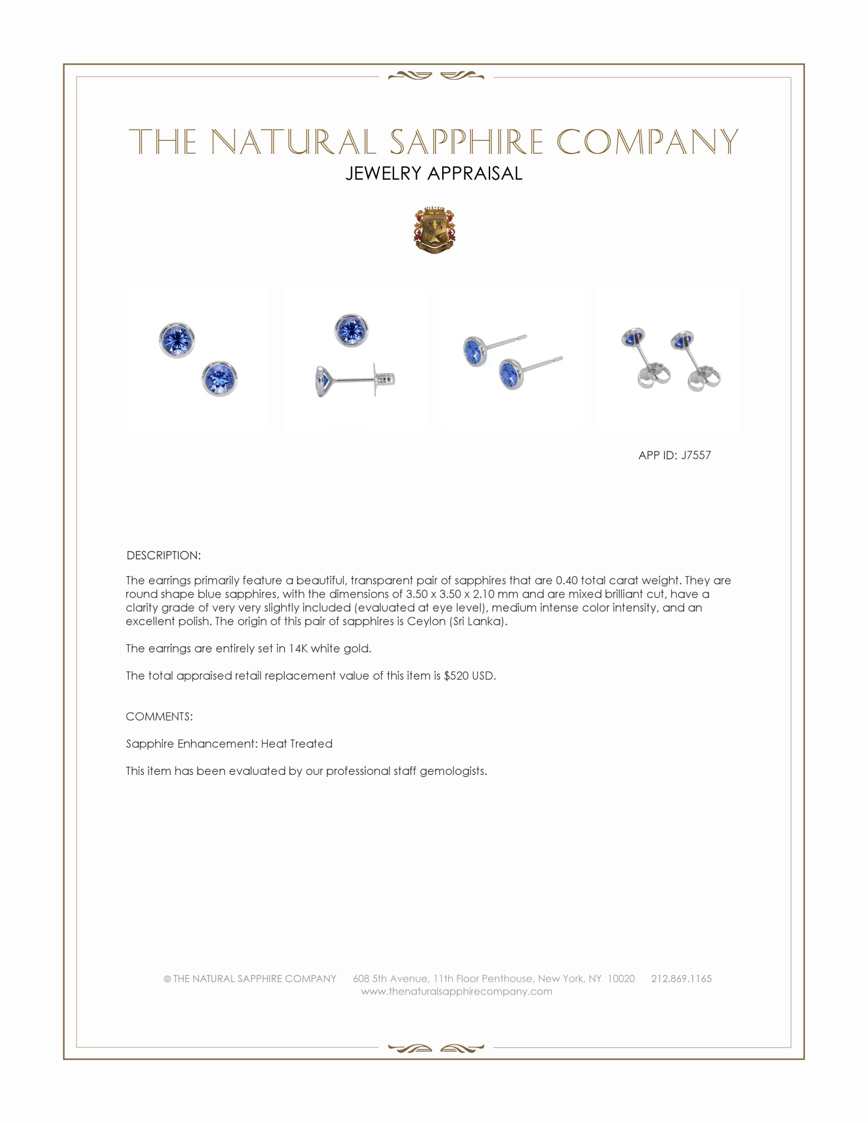 0.40 Ct.Tw. Blue Sapphire Studs Earrings, 14K White Gold