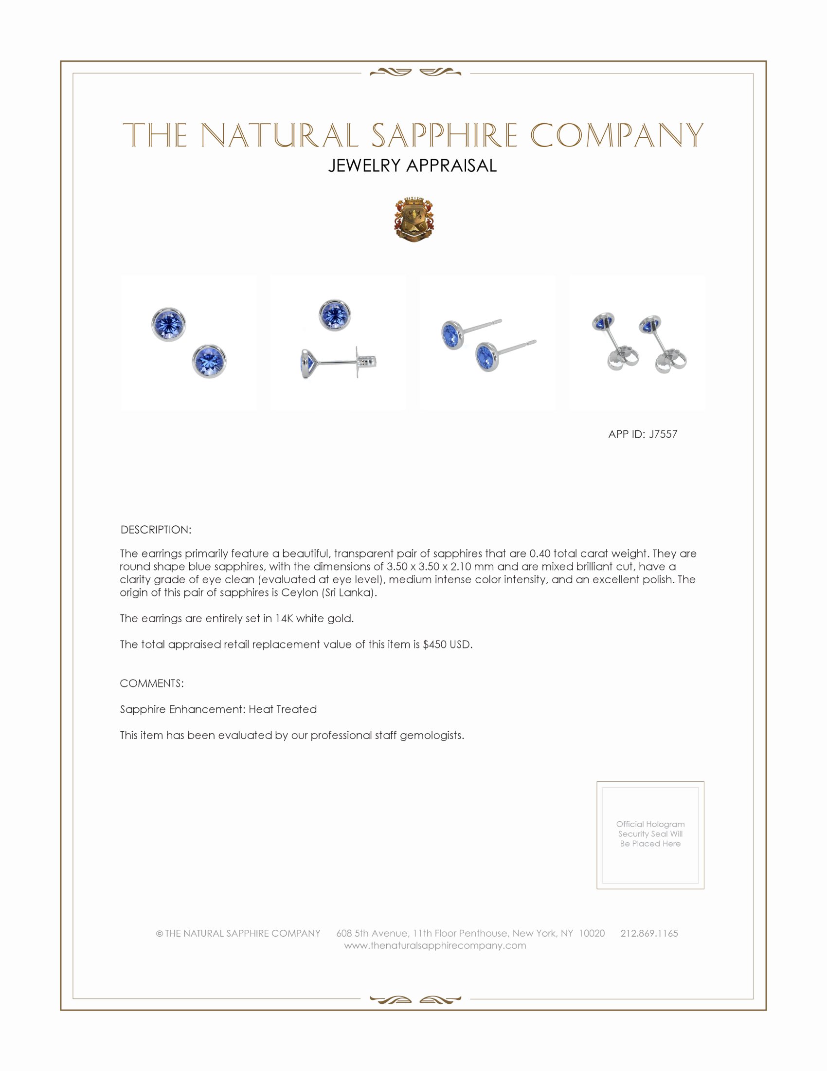 0.40 Ct.Tw. Blue Sapphire Studs Earrings, 14K White Gold