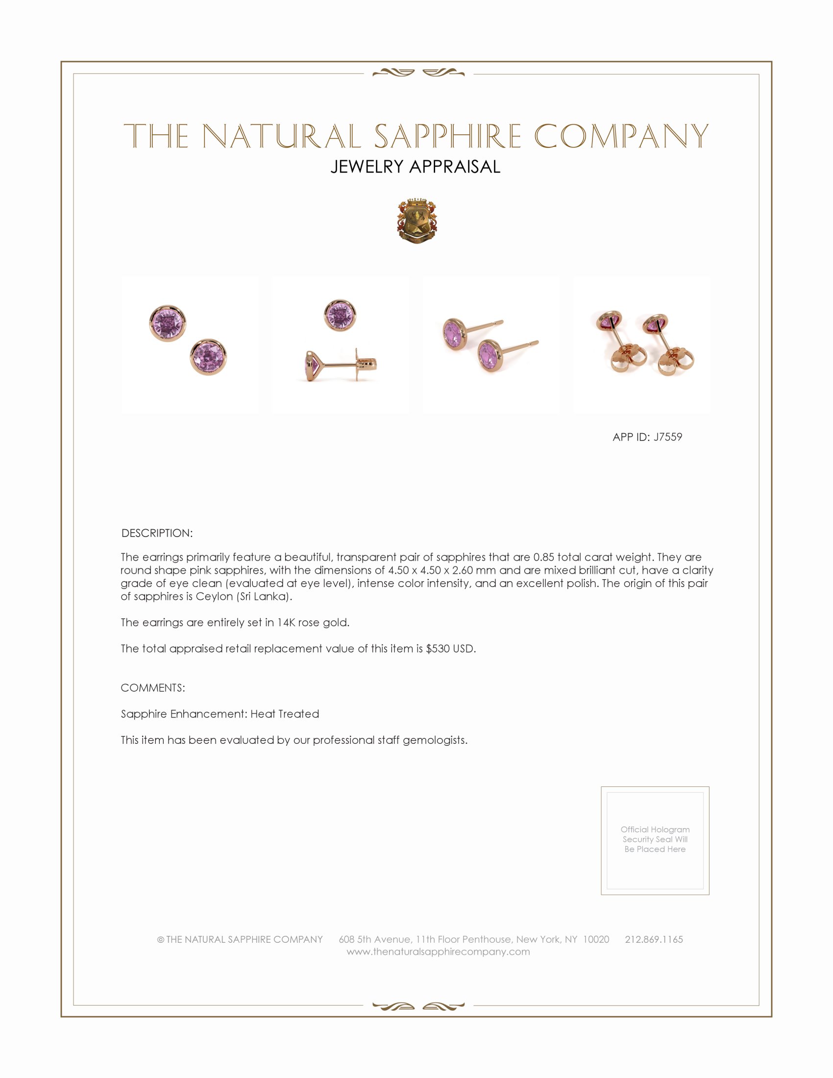 0.85 Ct.Tw. Pink Sapphire Studs Earrings, 14K Rose Gold