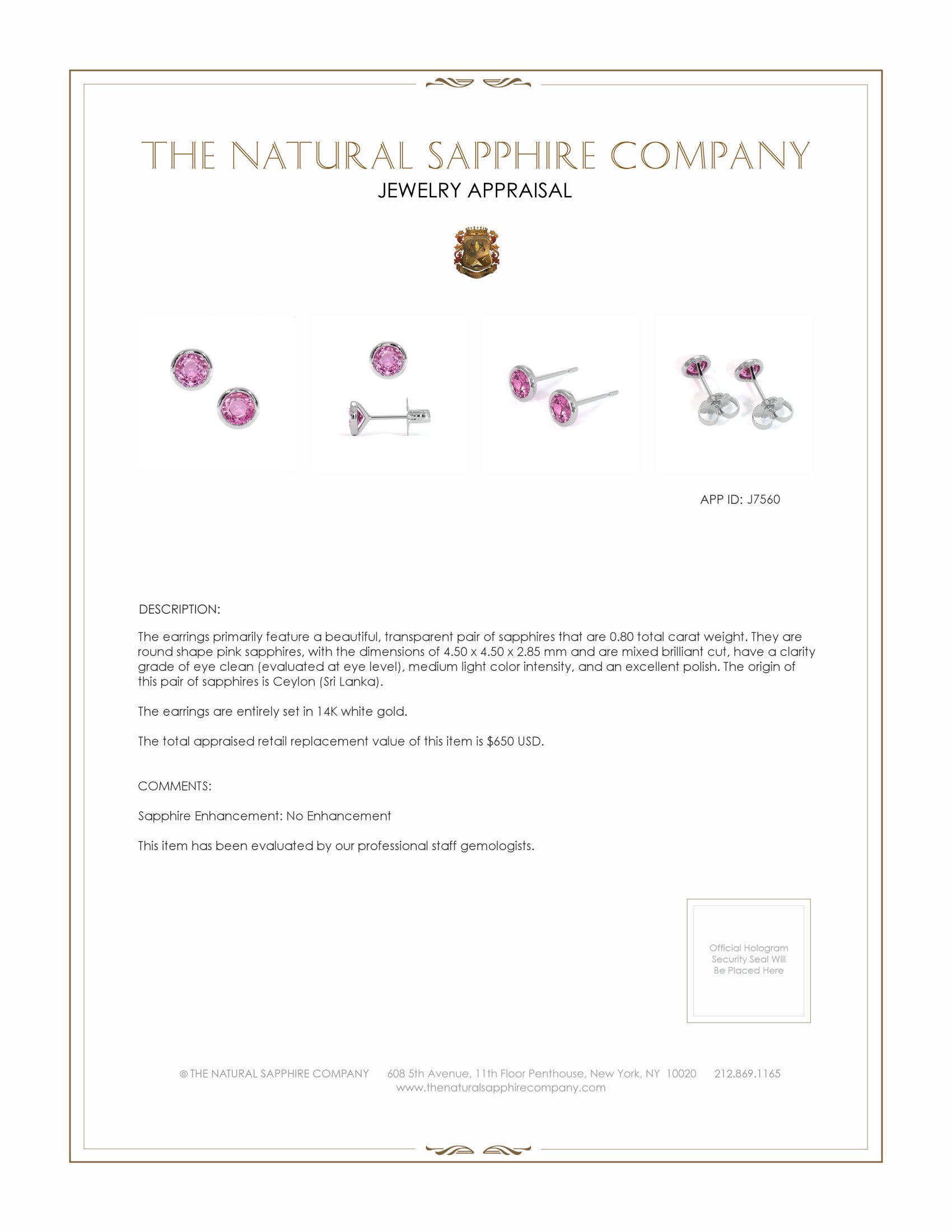 0.80 Ct.Tw. Pink Sapphire Studs Earrings, 14K White Gold