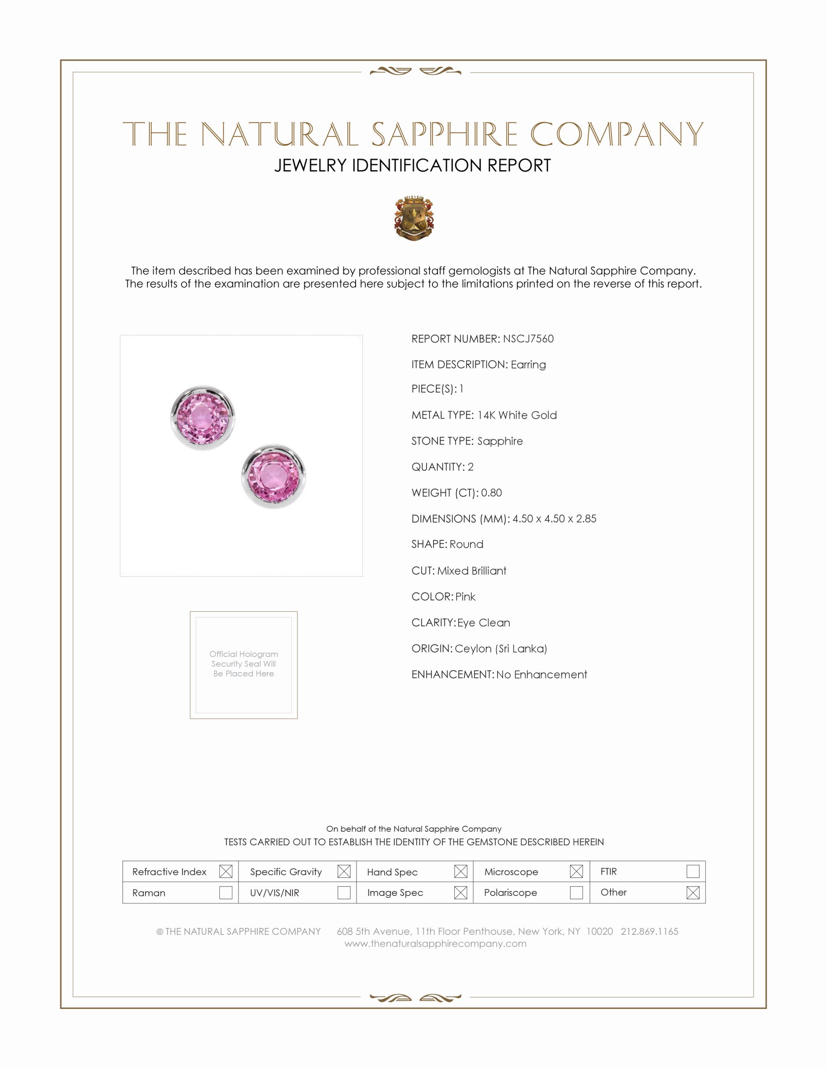 0.80 Ct.Tw. Pink Sapphire Studs Earrings, 14K White Gold