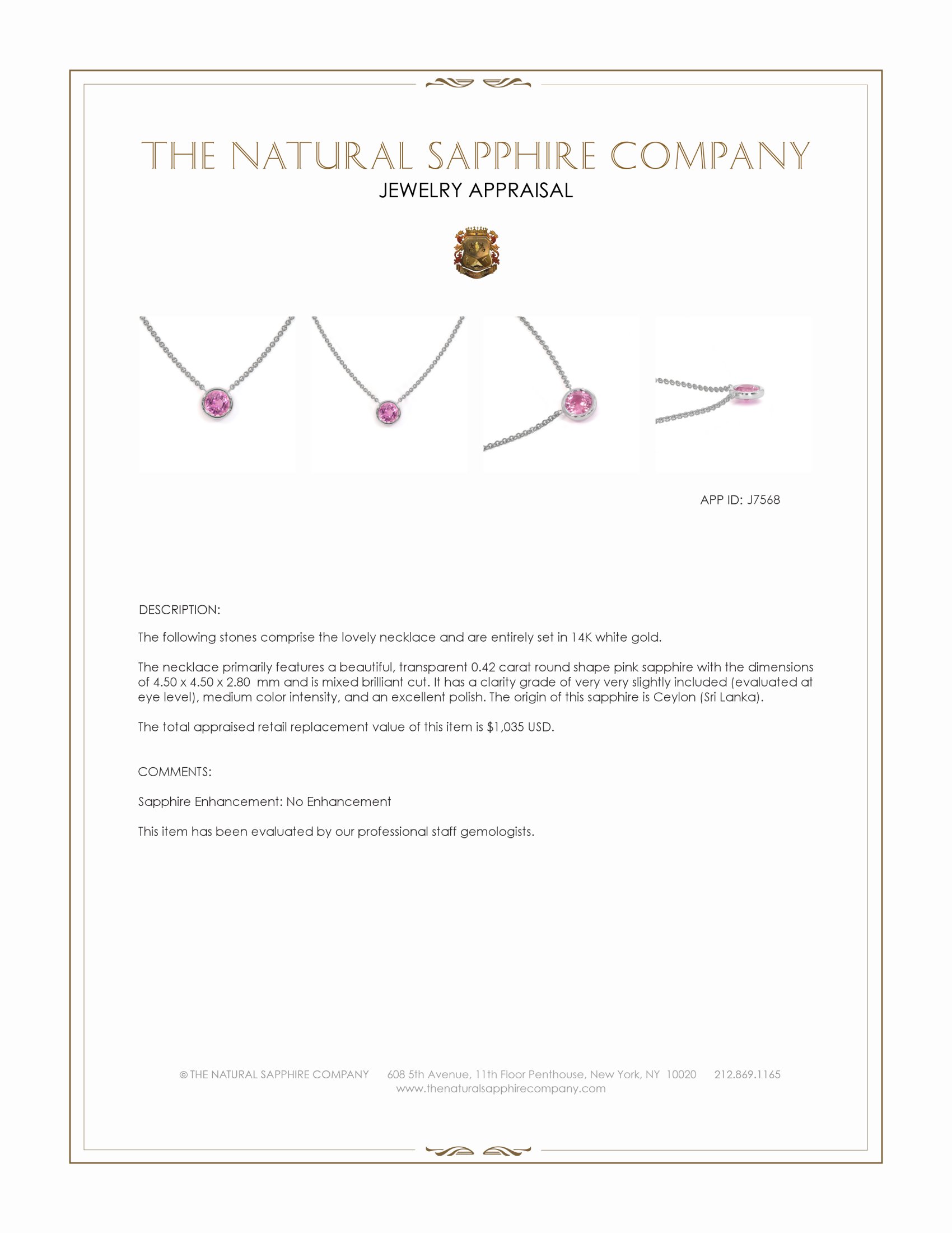 0.42 Ct. Pink Sapphire Bezel Necklace, 14K White Gold