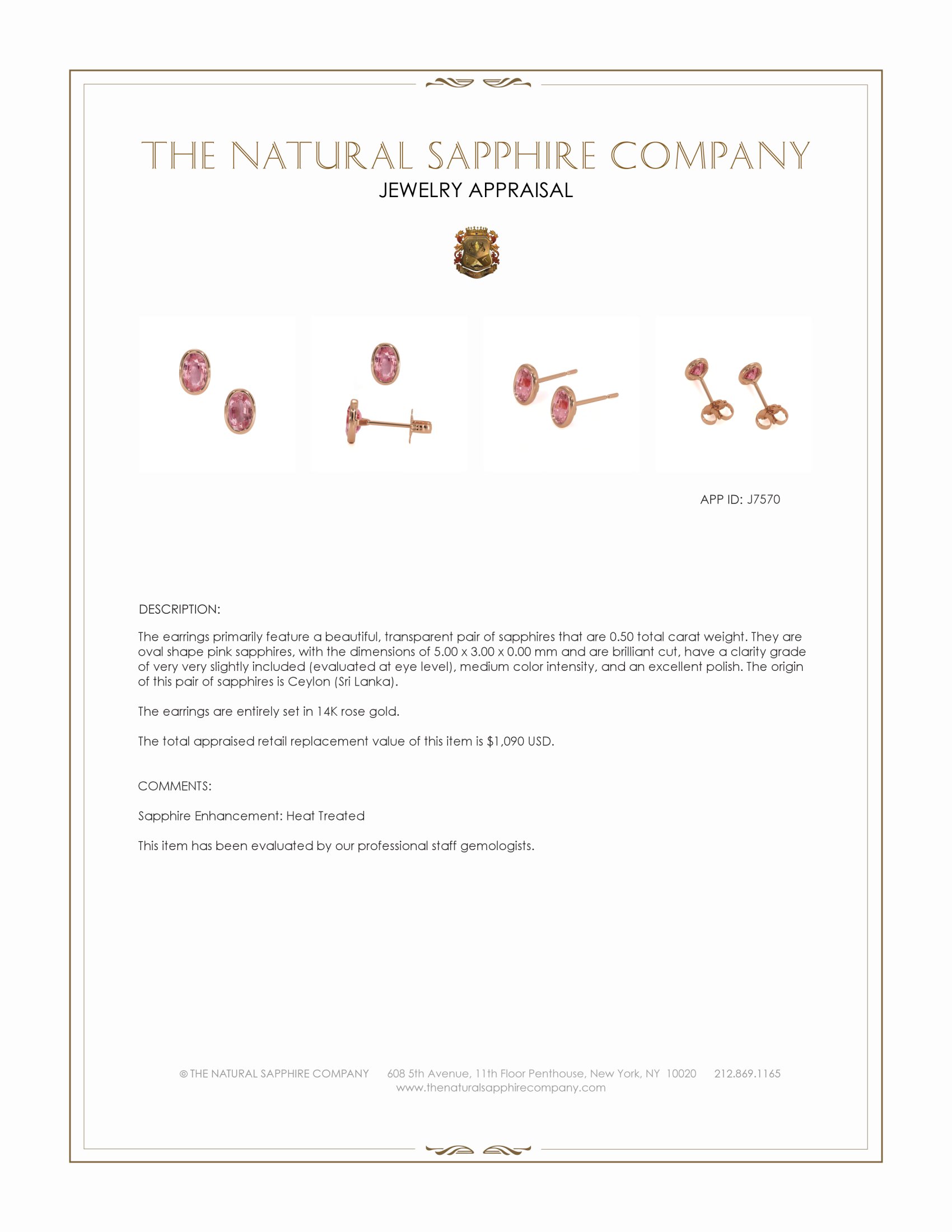 0.50 Ct.Tw. Pink Sapphire Studs Earrings, 14K Rose Gold