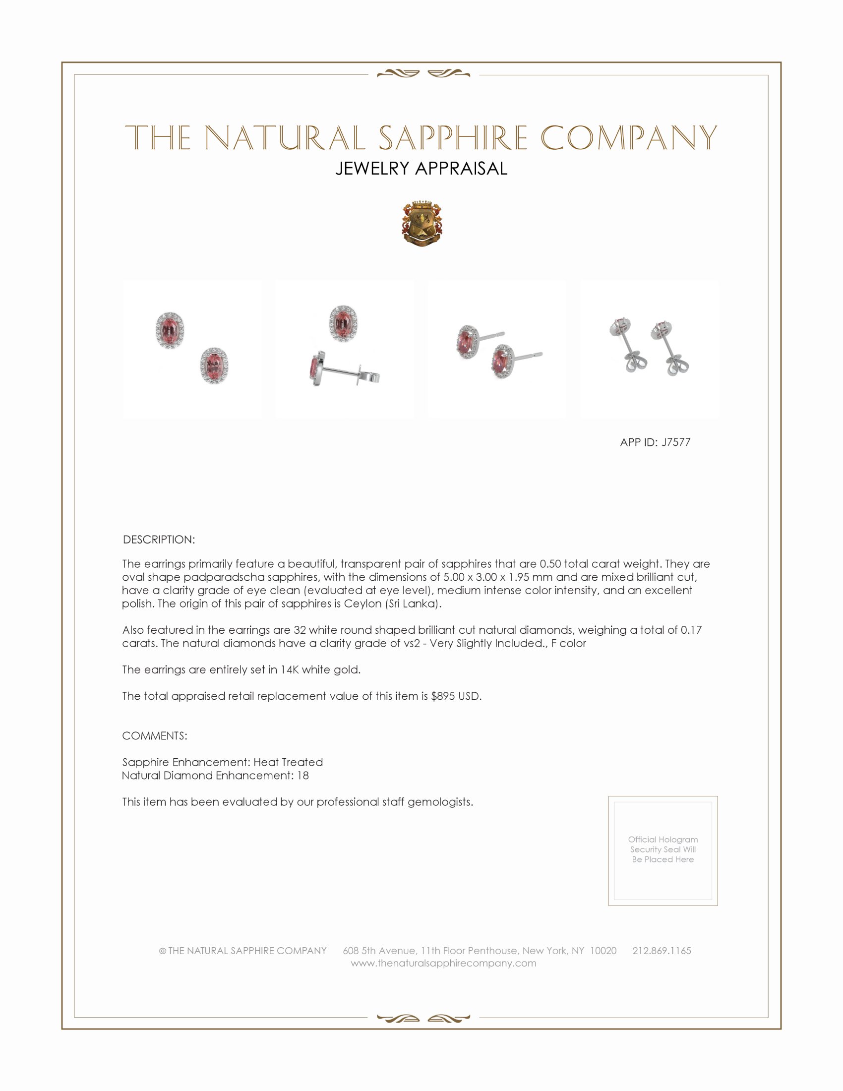 0.50 Ct.Tw. Padparadscha Sapphire and Natural Diamond Pave Earrings, 14K White Gold