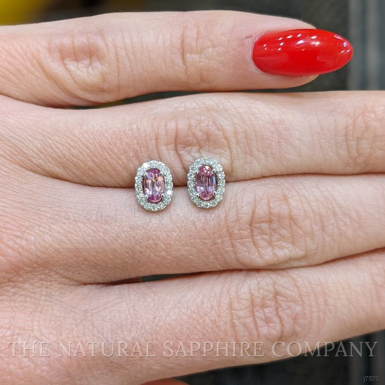 0.50 Ct.Tw. Padparadscha Sapphire and Natural Diamond Pave Earrings, 14K White Gold