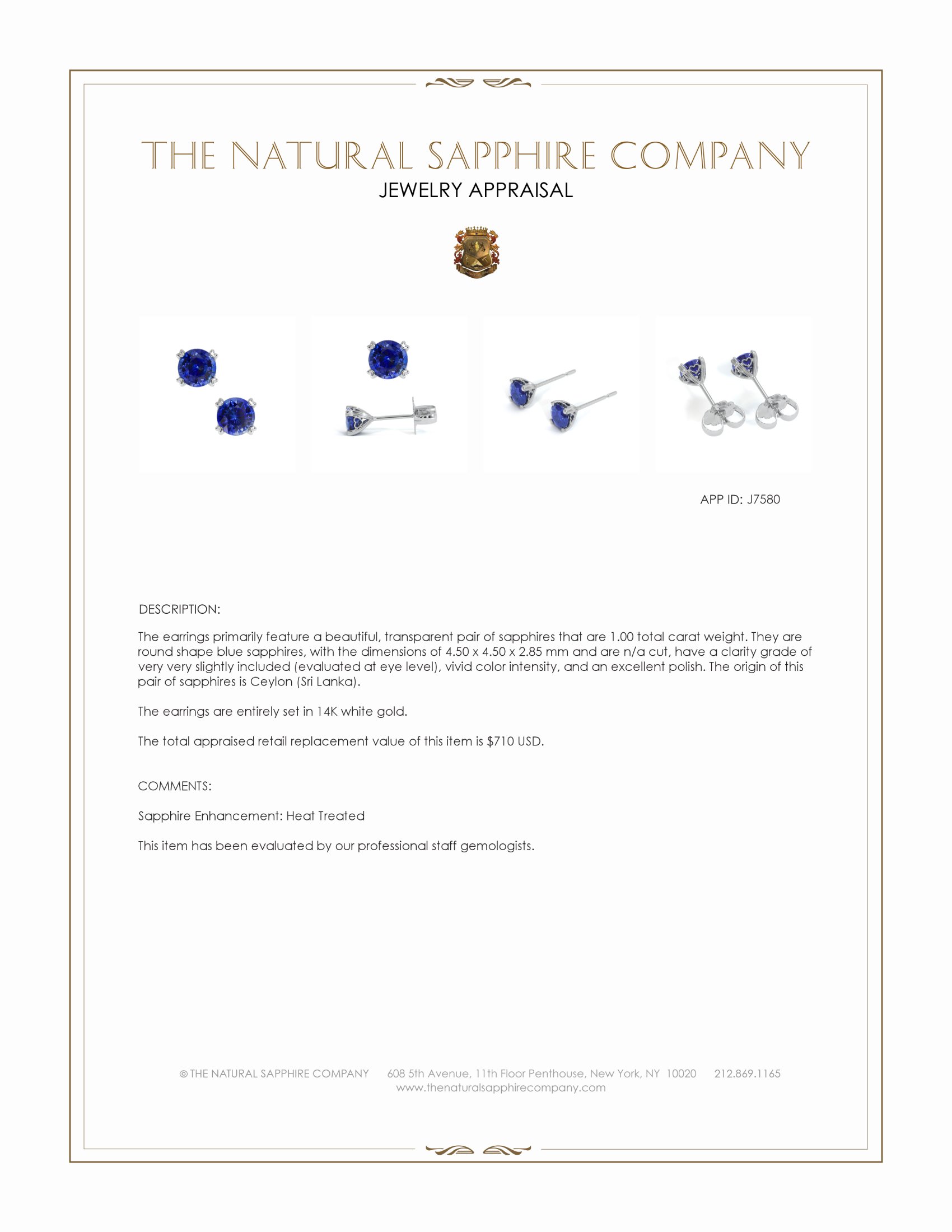 1.00 Ct.Tw. Blue Sapphire Studs Earrings, 14K White Gold