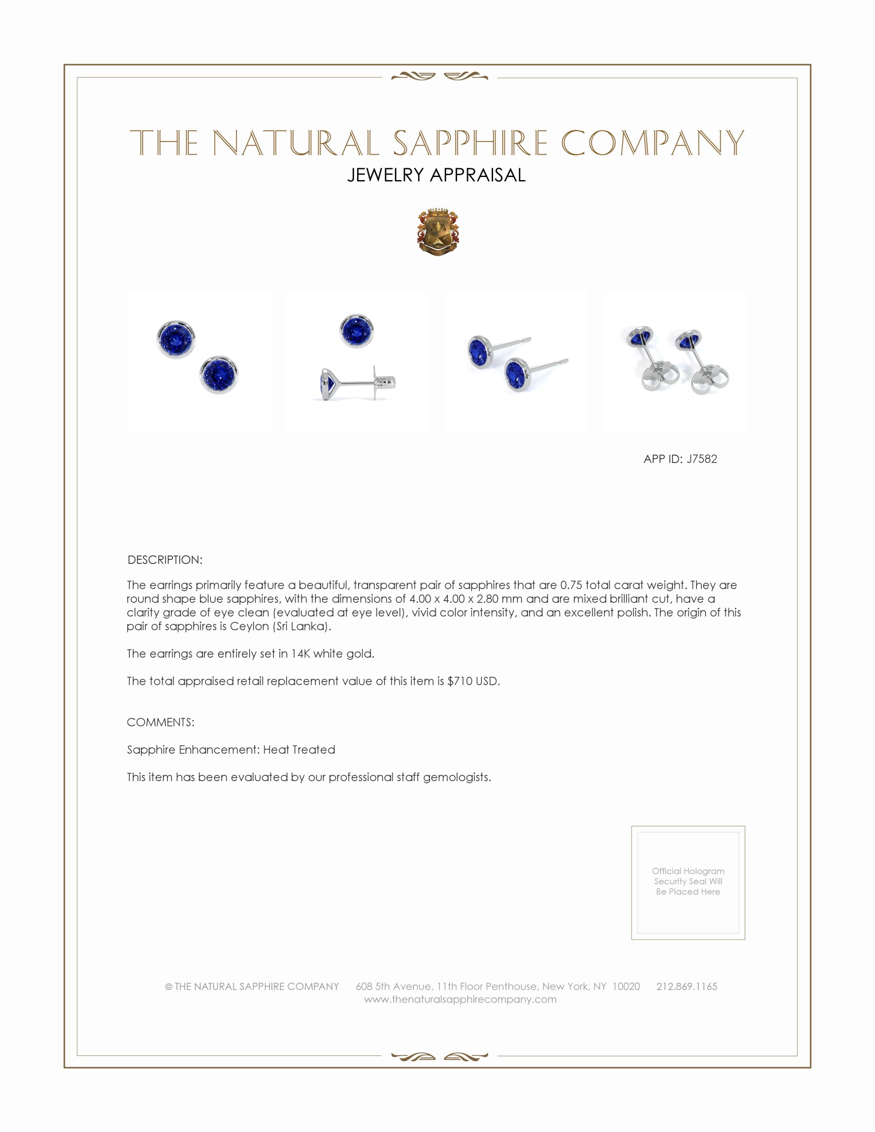 0.75 Ct.Tw. Blue Sapphire Studs Earrings, 14K White Gold