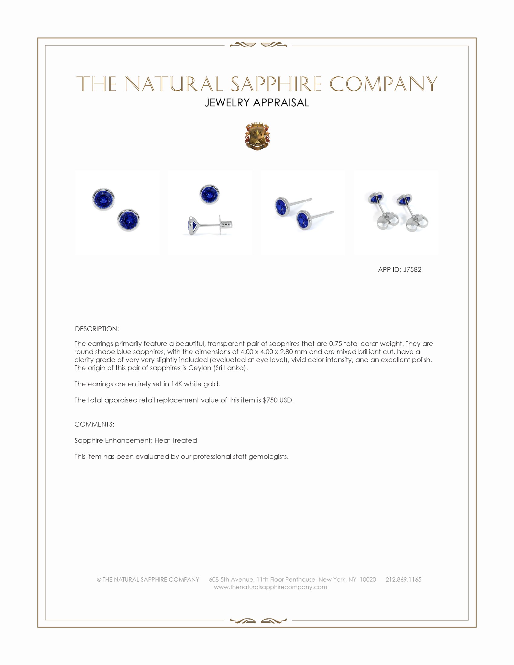 0.75 Ct.Tw. Blue Sapphire Studs Earrings, 14K White Gold