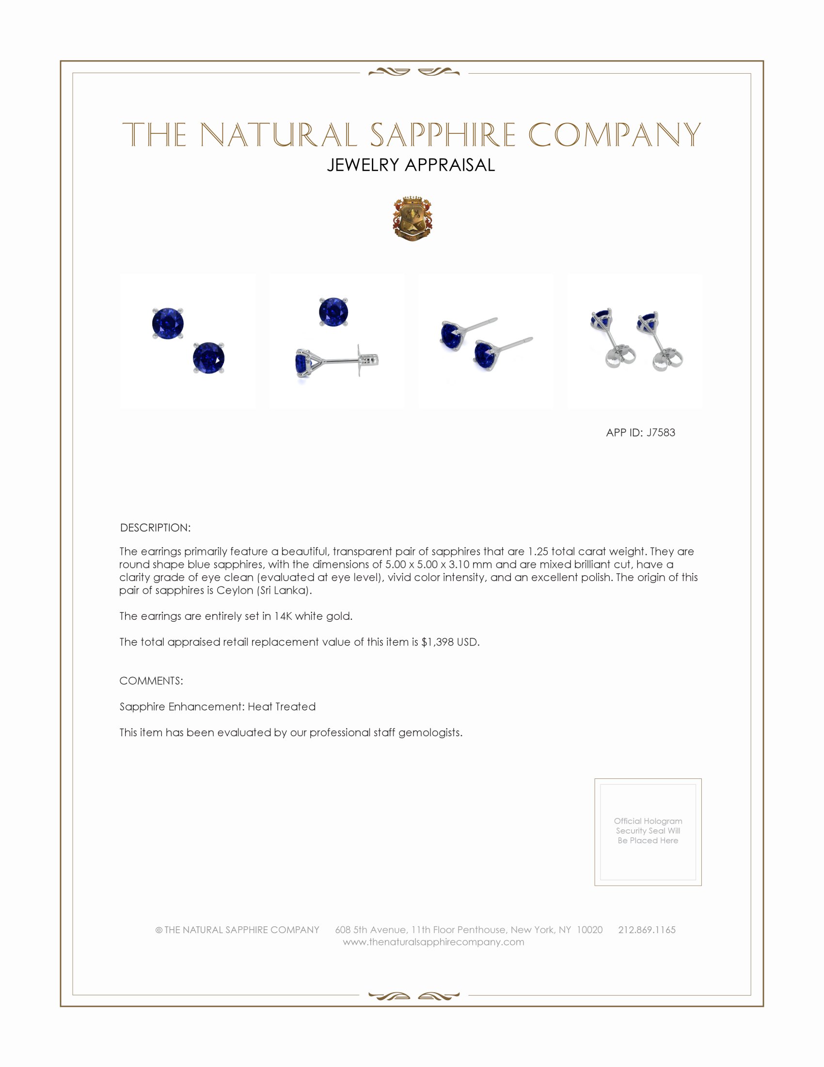 1.25 Ct.Tw. Blue Sapphire Studs Earrings, 14K White Gold