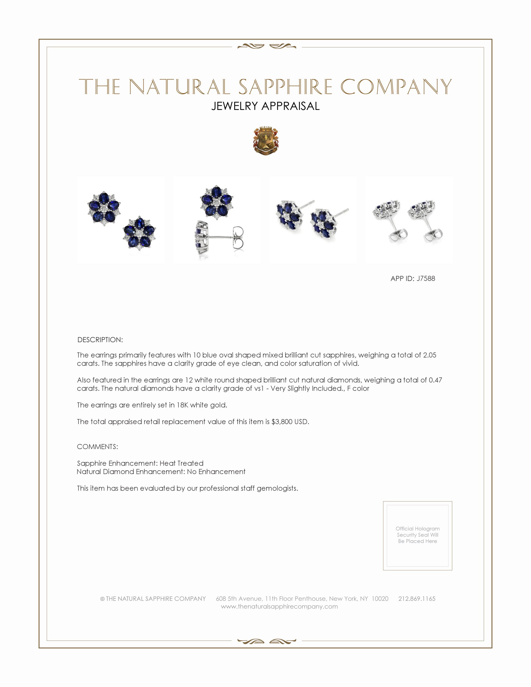 2.05 Ct.Tw. Blue Sapphire and Natural Diamond Accent Stones Earrings, 18K White Gold