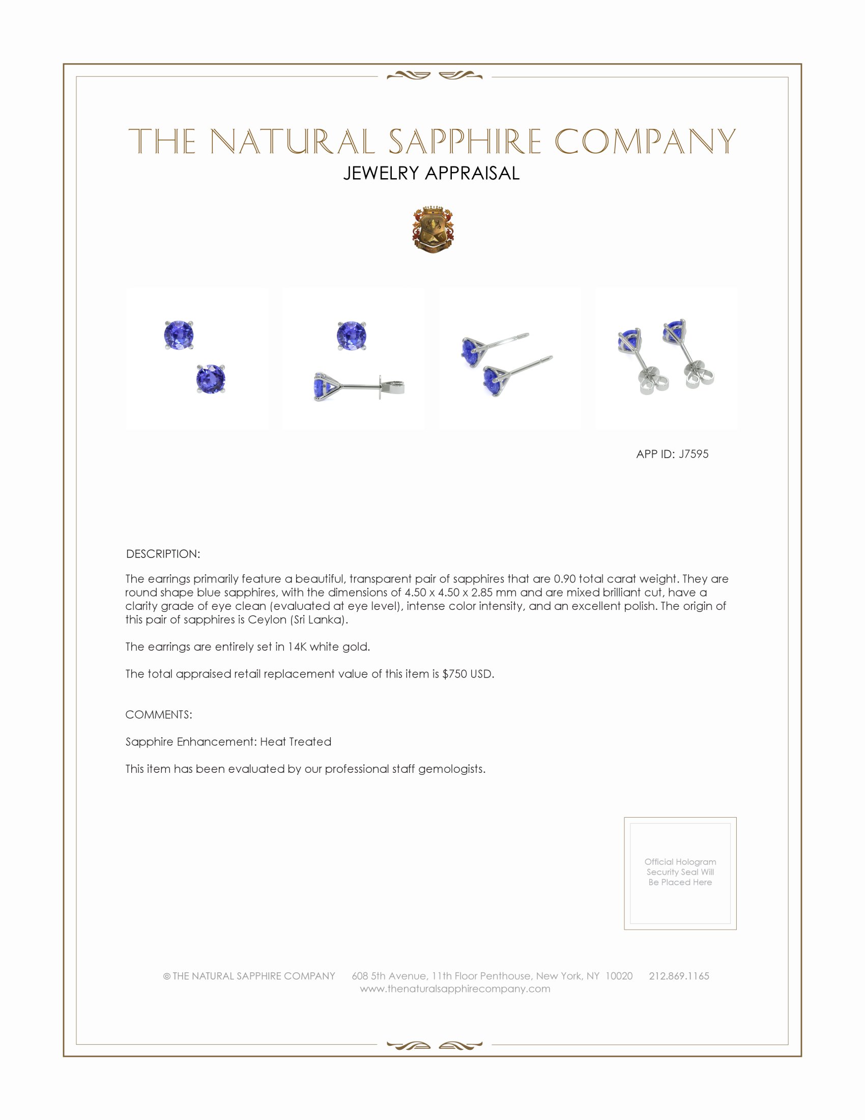 0.90 Ct.Tw. Blue Sapphire Studs Earrings, 14K White Gold