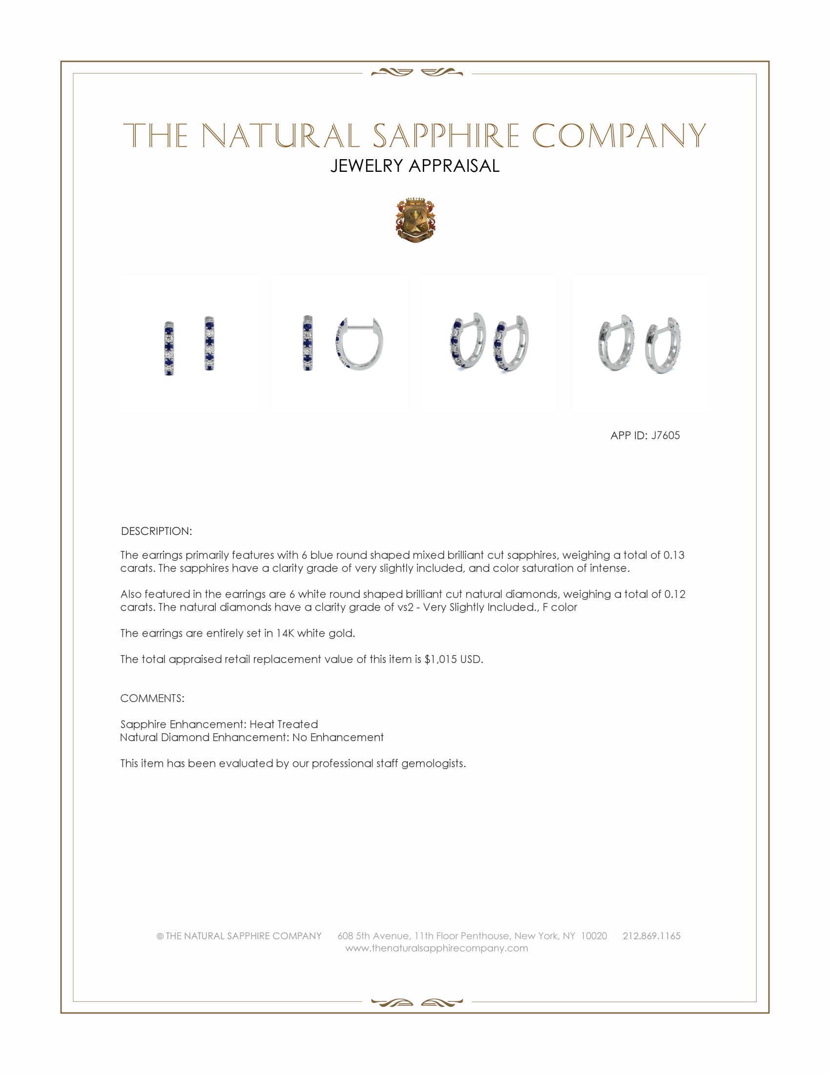 0.13 Ct.Tw. Blue Sapphire and Natural Diamond Hoops Earrings, 14K White Gold