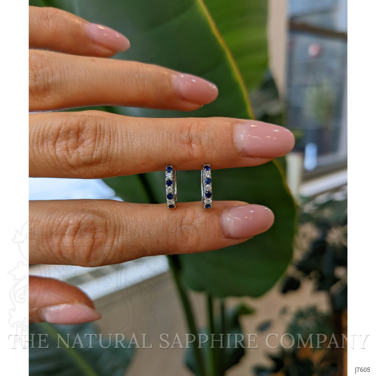 0.13 Ct.Tw. Blue Sapphire and Natural Diamond Hoops Earrings, 14K White Gold