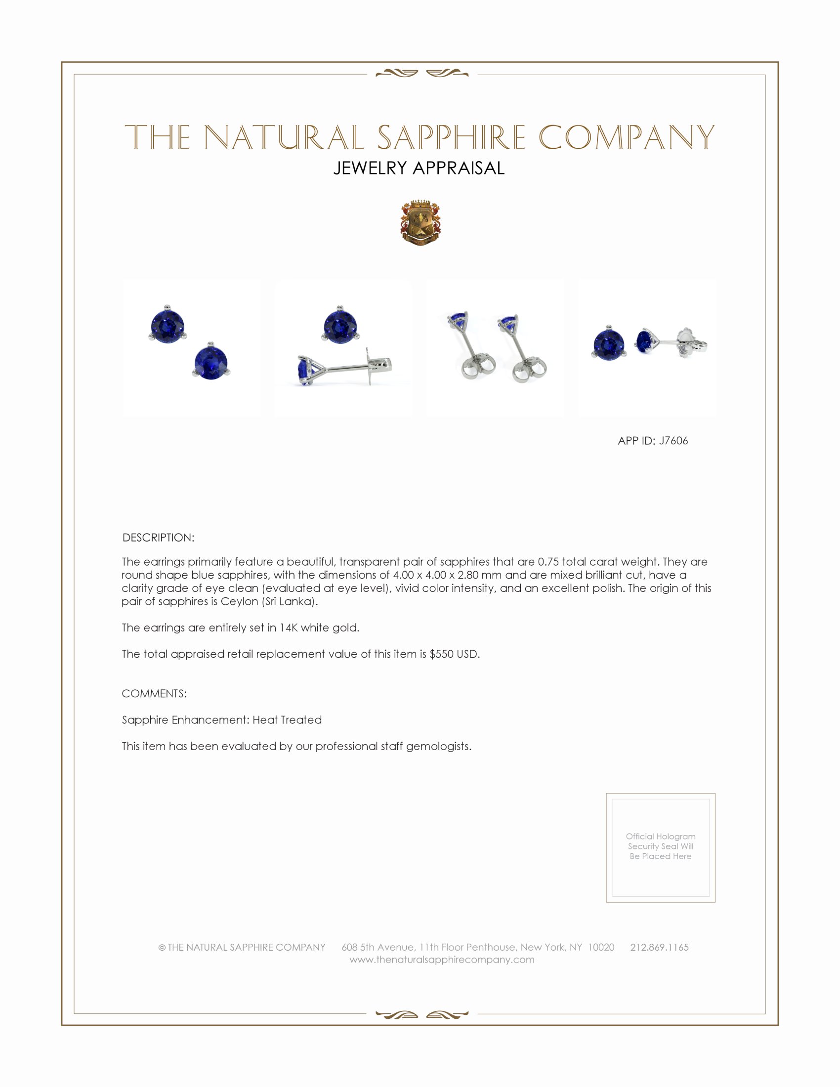 0.75 Ct.Tw. Blue Sapphire Studs Earrings, 14K White Gold