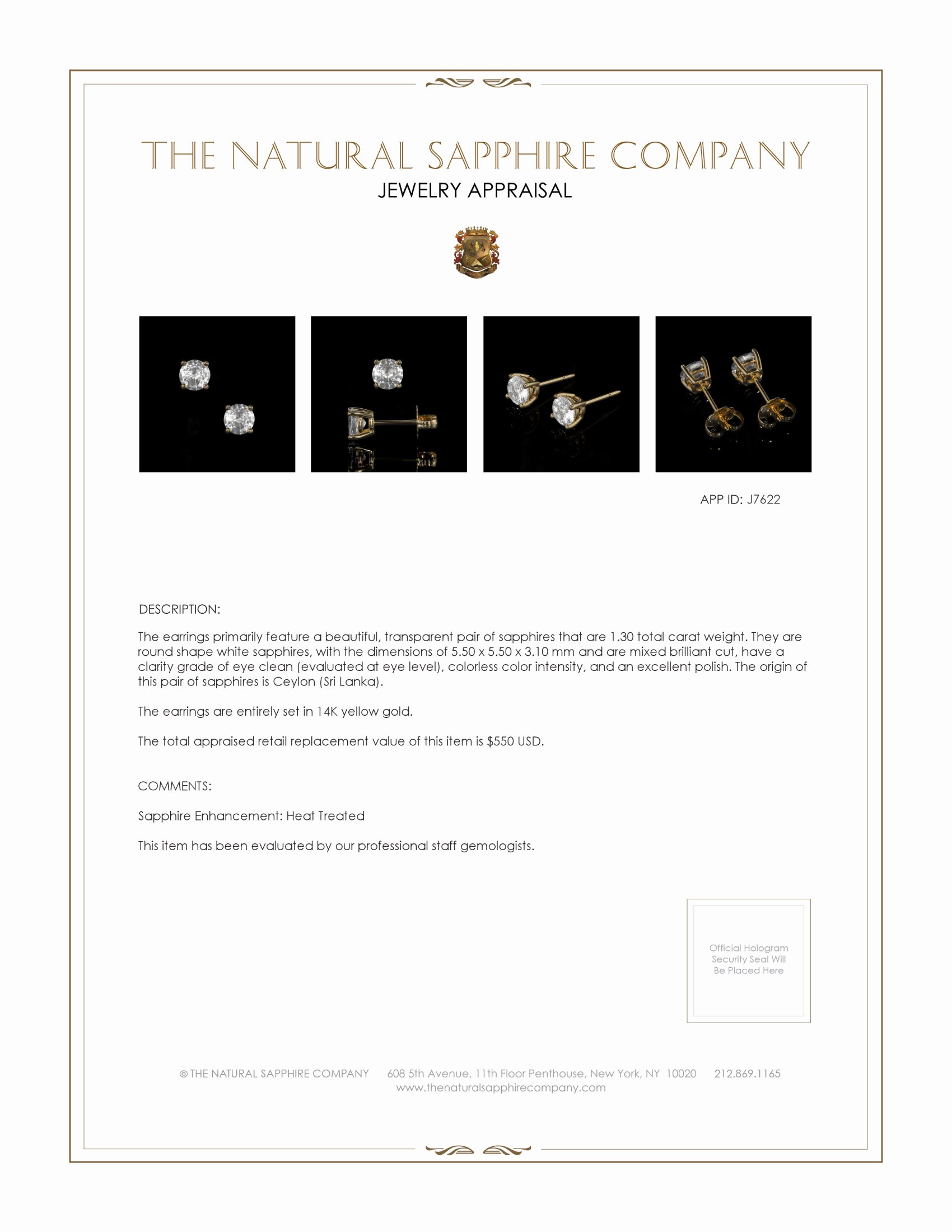 1.30 Ct.Tw. White Sapphire Studs Earrings, 14K Yellow Gold