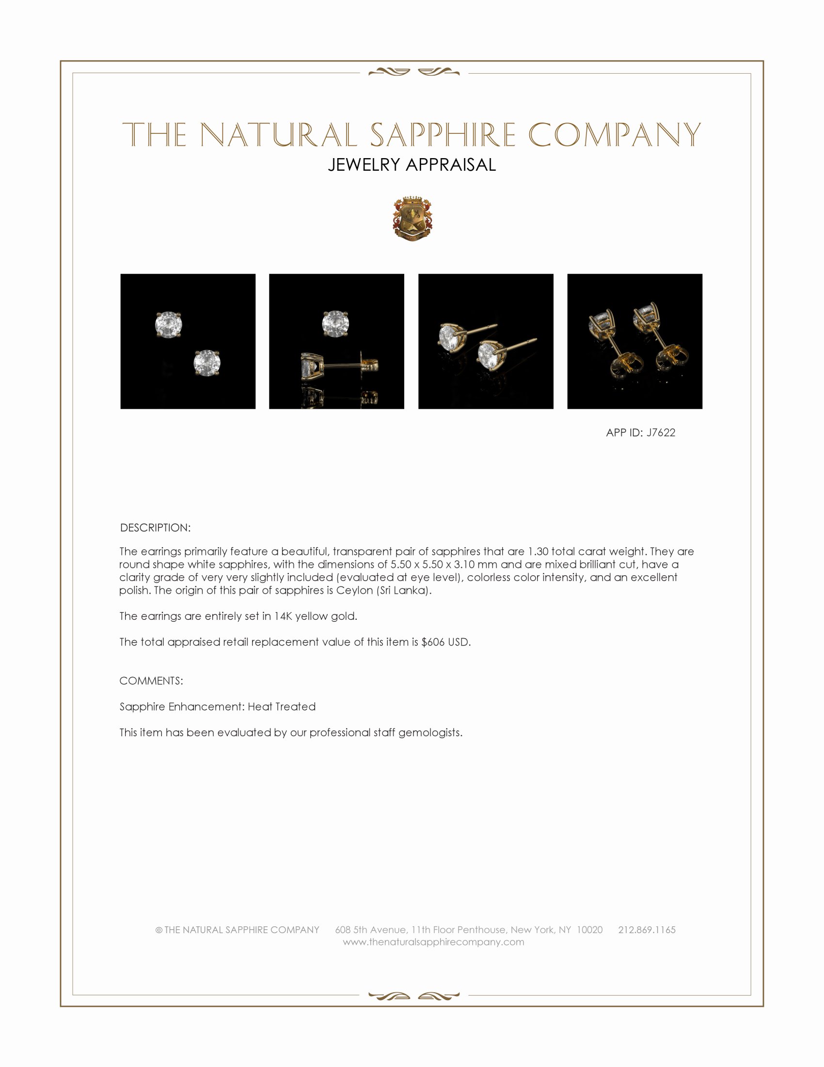 1.30 Ct.Tw. White Sapphire Studs Earrings, 14K Yellow Gold