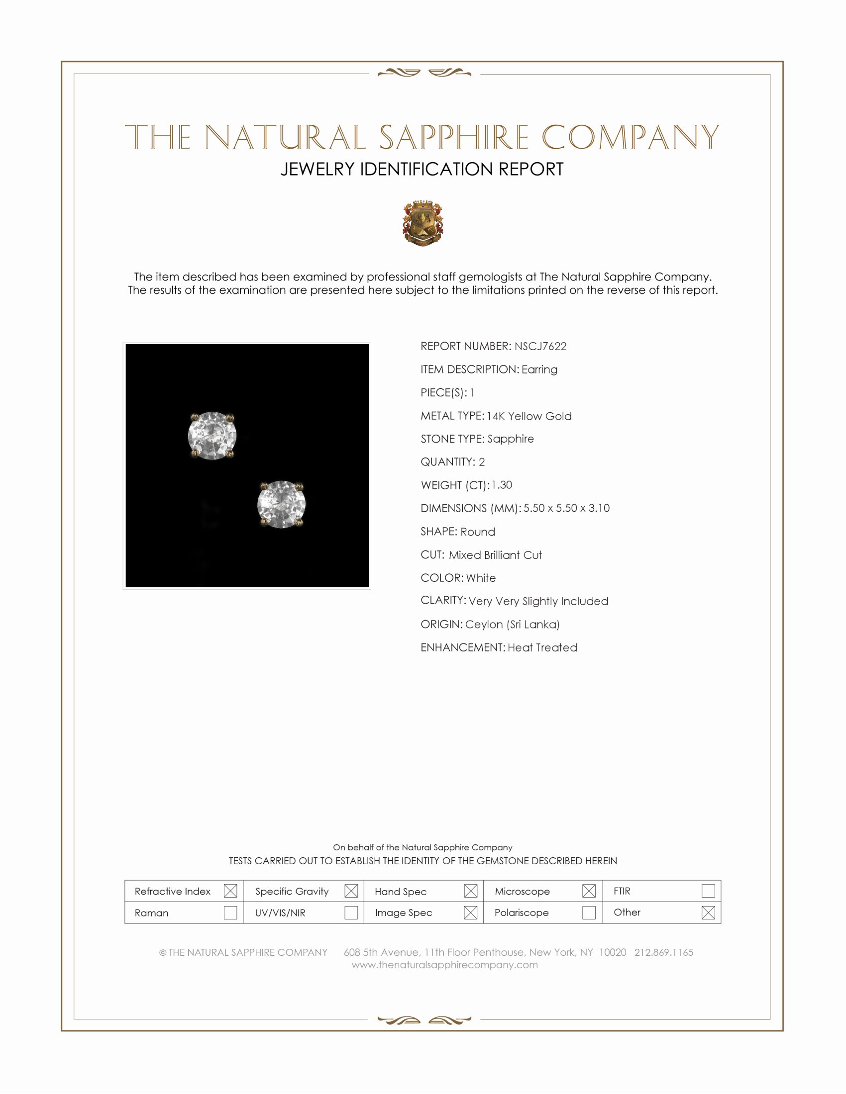 1.30 Ct.Tw. White Sapphire Studs Earrings, 14K Yellow Gold