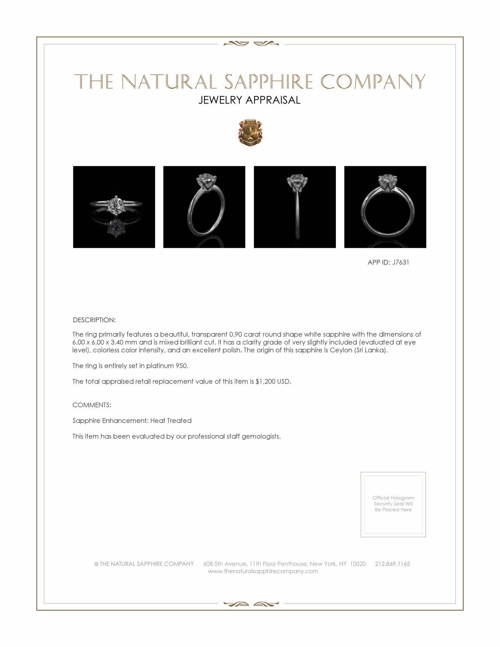 0.90 Ct. White Sapphire Solitaire Ring, Platinum 950