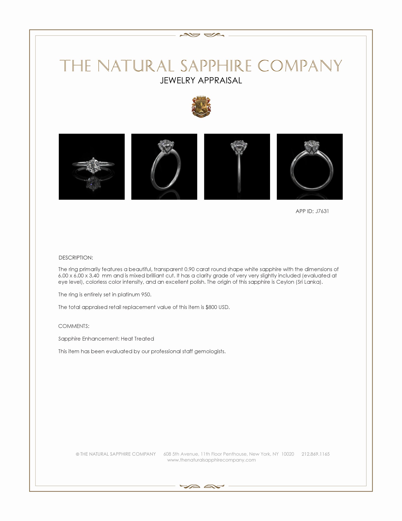 0.90 Ct. White Sapphire Solitaire Ring, Platinum 950