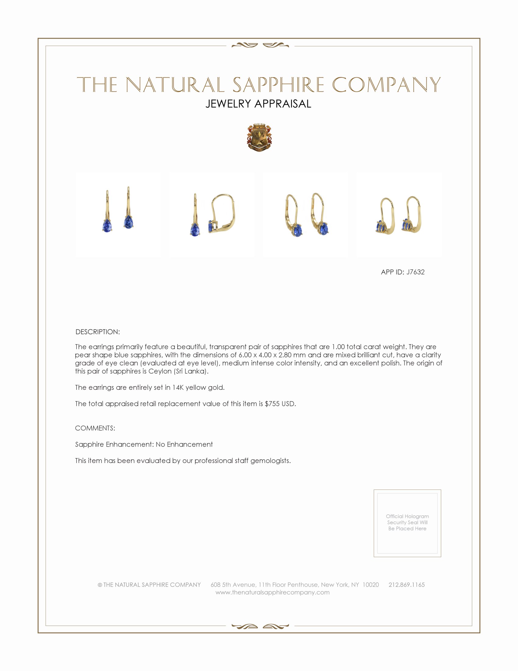 1.00 Ct.Tw. Blue Sapphire Drops Earrings, 14K Yellow Gold