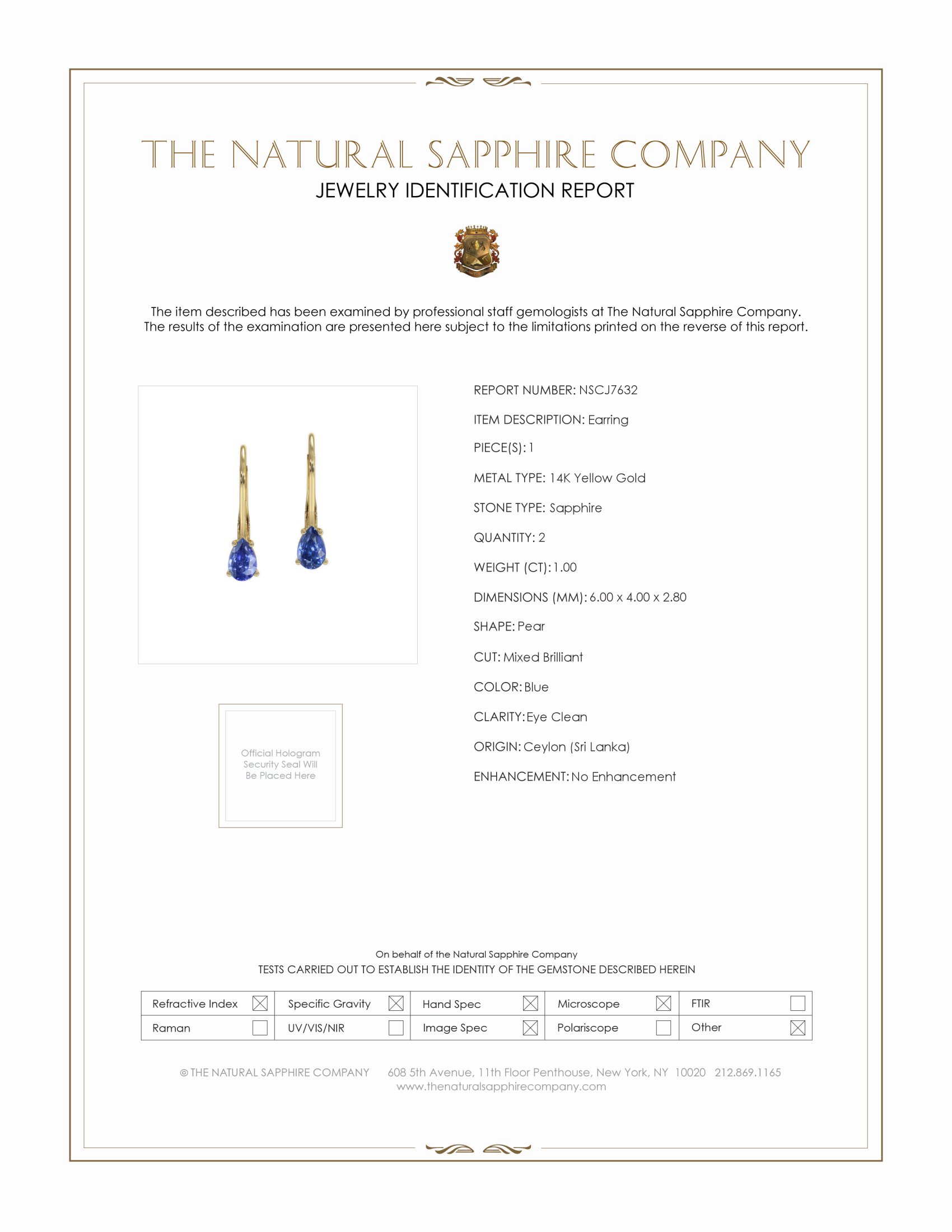 1.00 Ct.Tw. Blue Sapphire Drops Earrings, 14K Yellow Gold