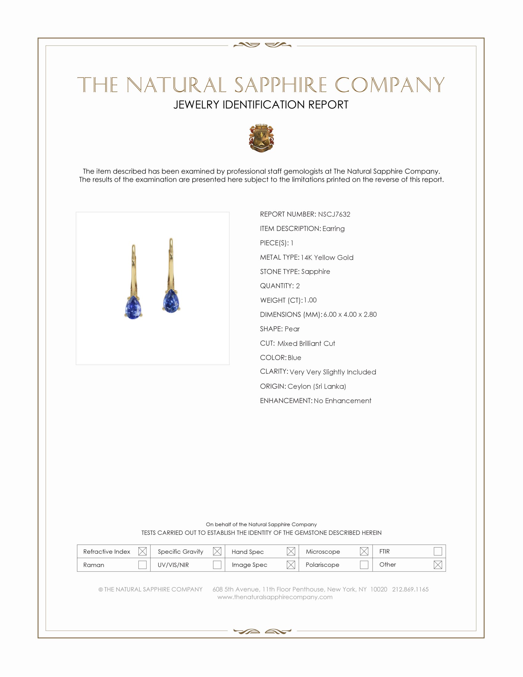 1.00 Ct.Tw. Blue Sapphire Drops Earrings, 14K Yellow Gold
