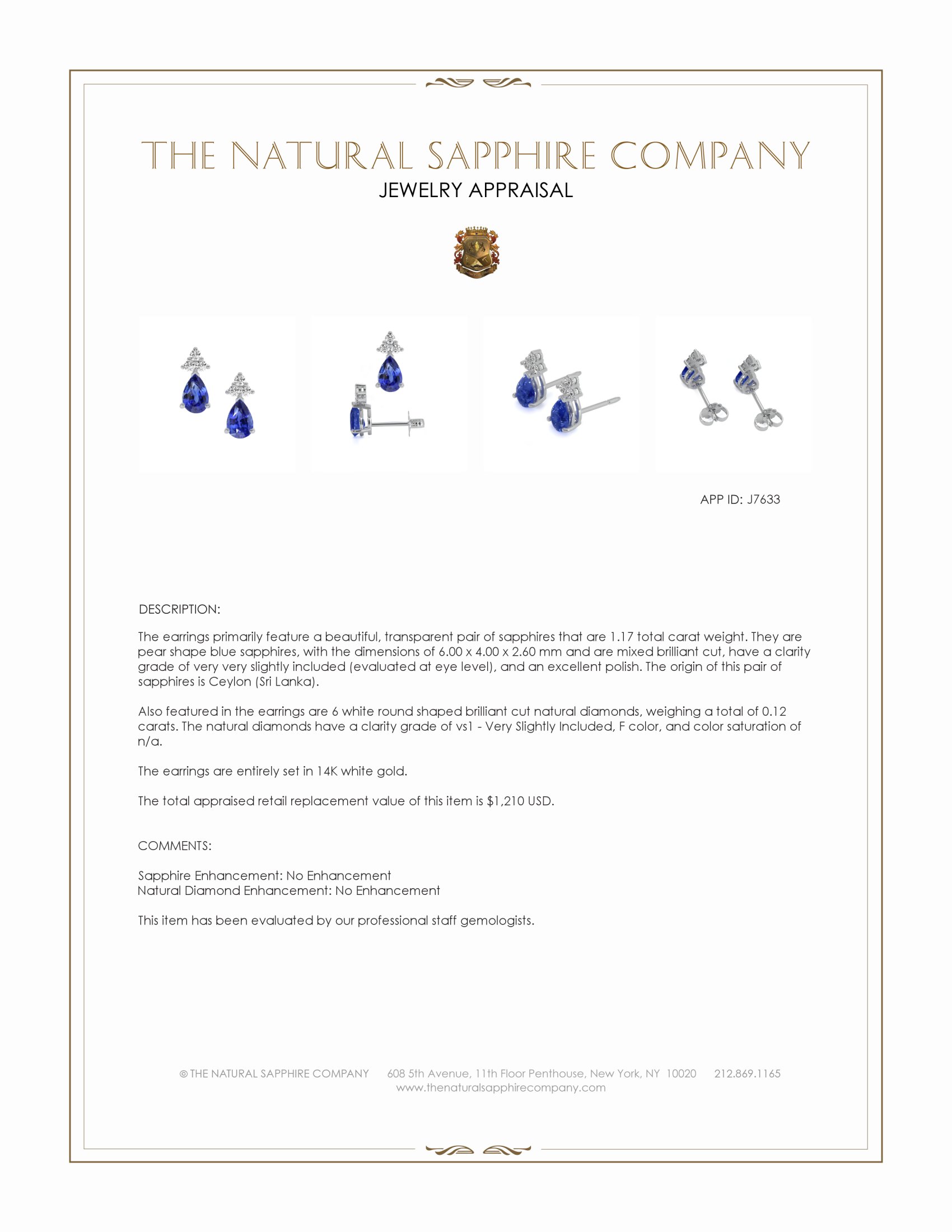 1.17 Ct.Tw. Blue Sapphire and Natural Diamond Studs Earrings, 14K White Gold