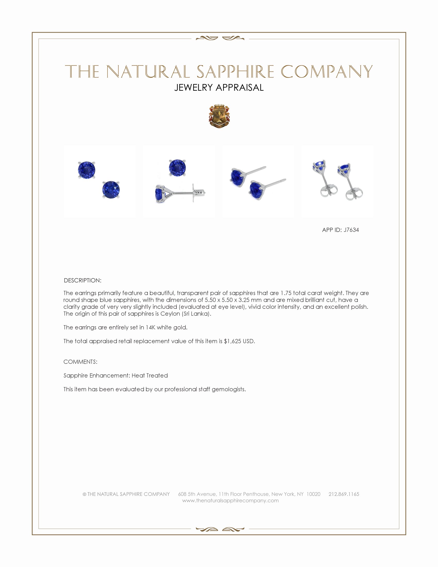 1.75 Ct.Tw. Blue Sapphire Studs Earrings, 14K White Gold